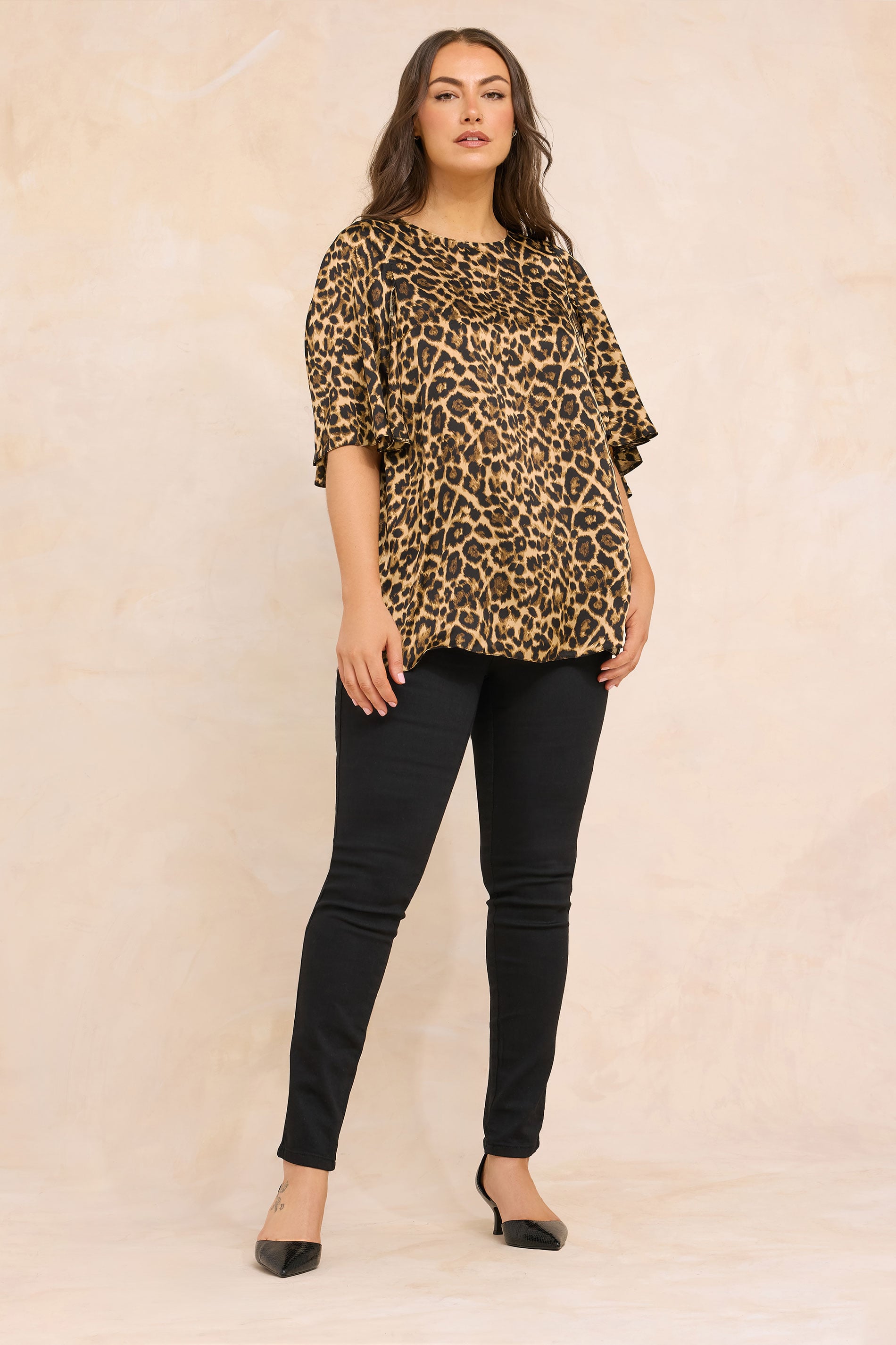 EVANS Plus Size Natural Brown Leopard Print Angel Sleeve Blouse | Evans 1