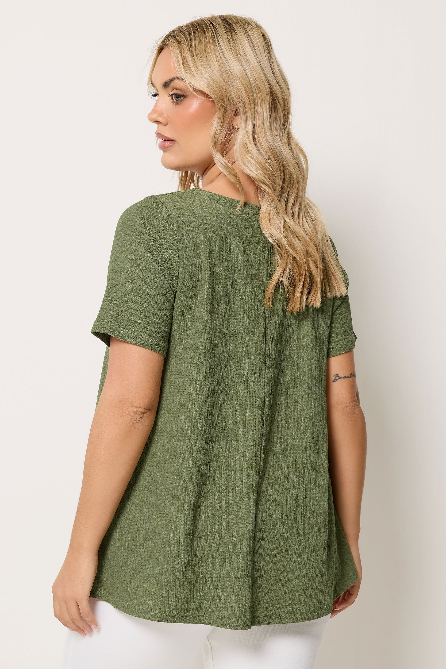 YOURS Plus Size Olive Green Crinkle T-Shirt | Yours Clothing 2