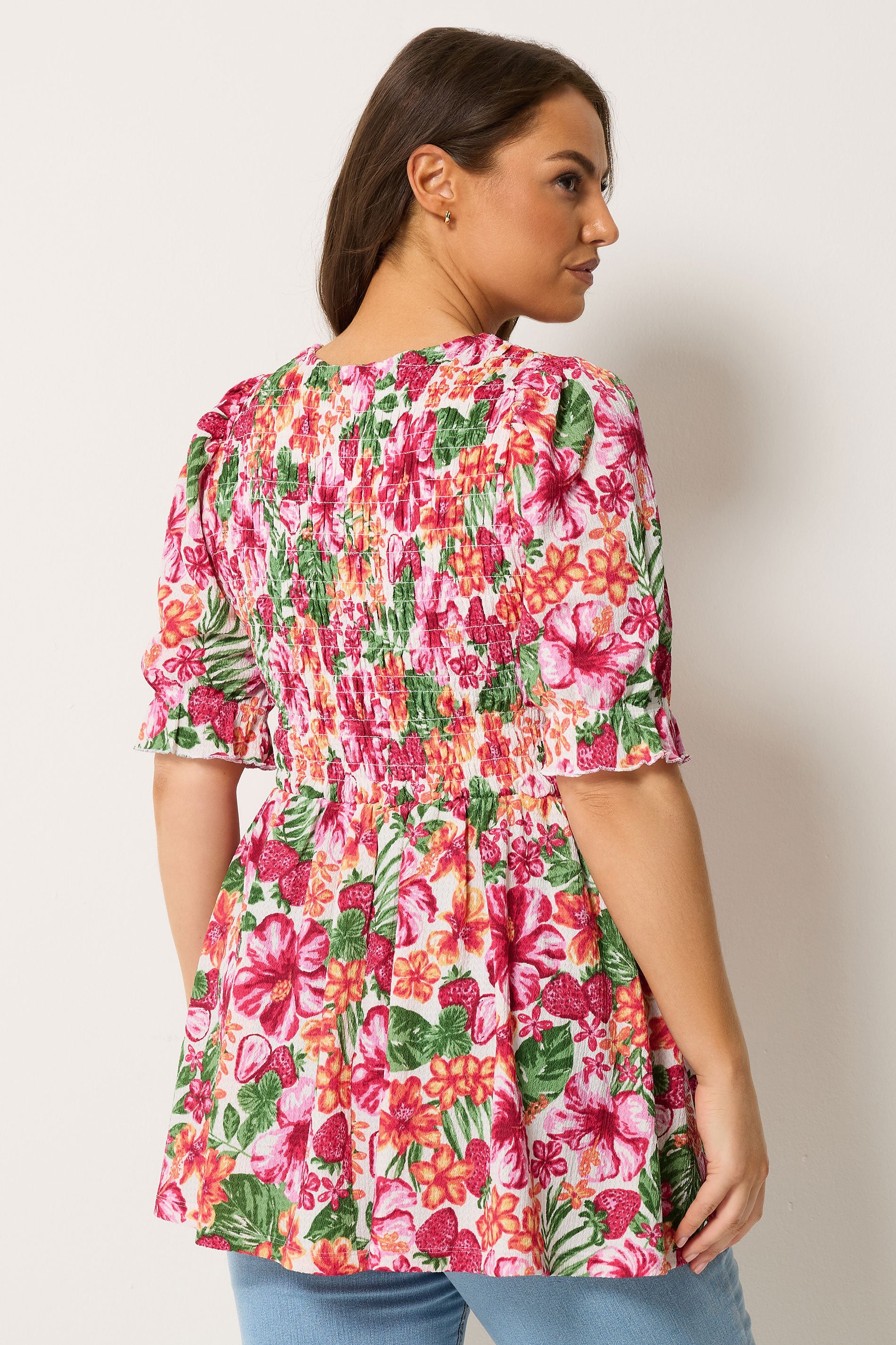 YOURS Plus Size Pink Floral Shirred Puff Sleeve Top |  Yours Clothing 2