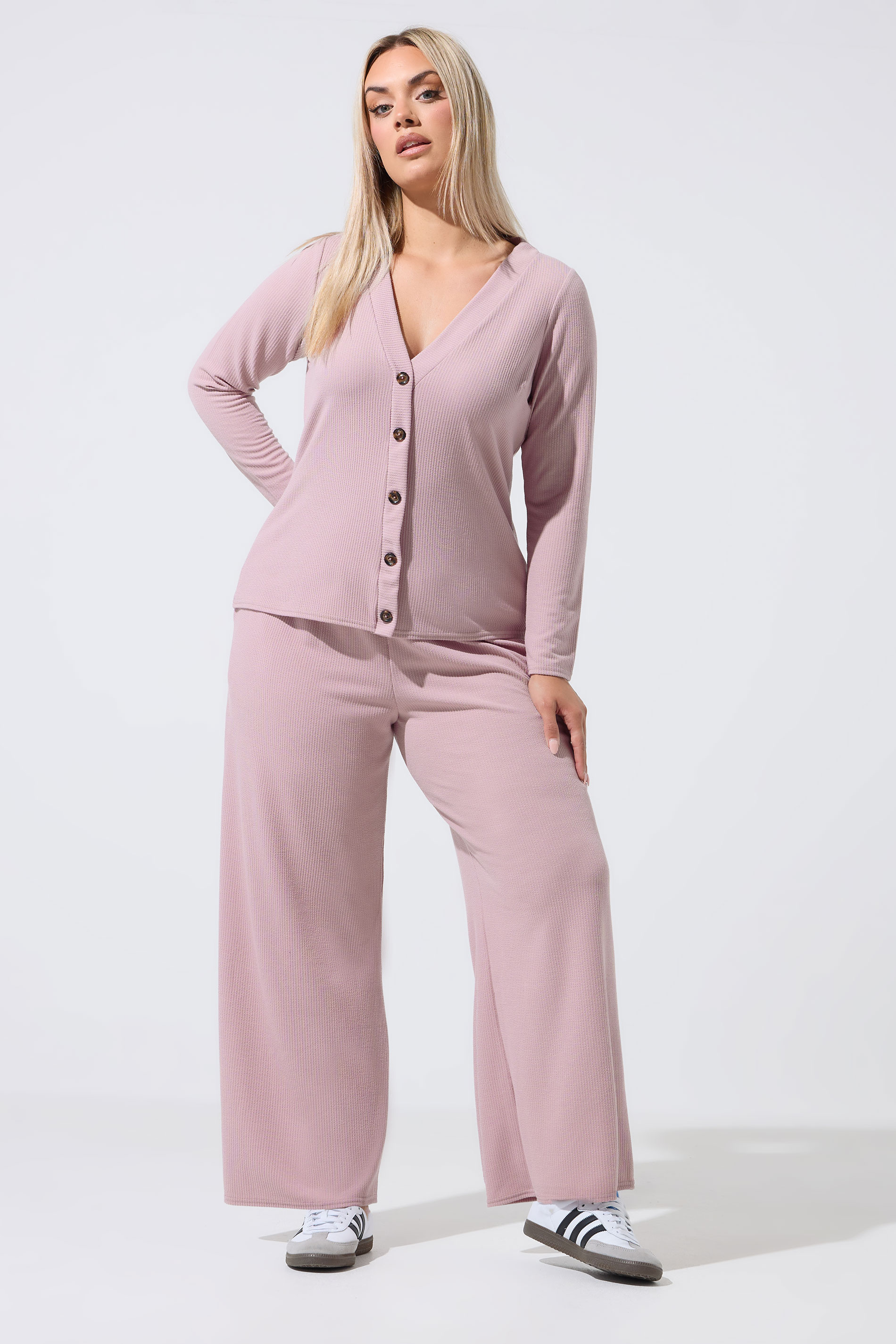 LIMITED COLLECTION Plus Size Pink Ribbed Button Cardigan | Yours Clothing 1