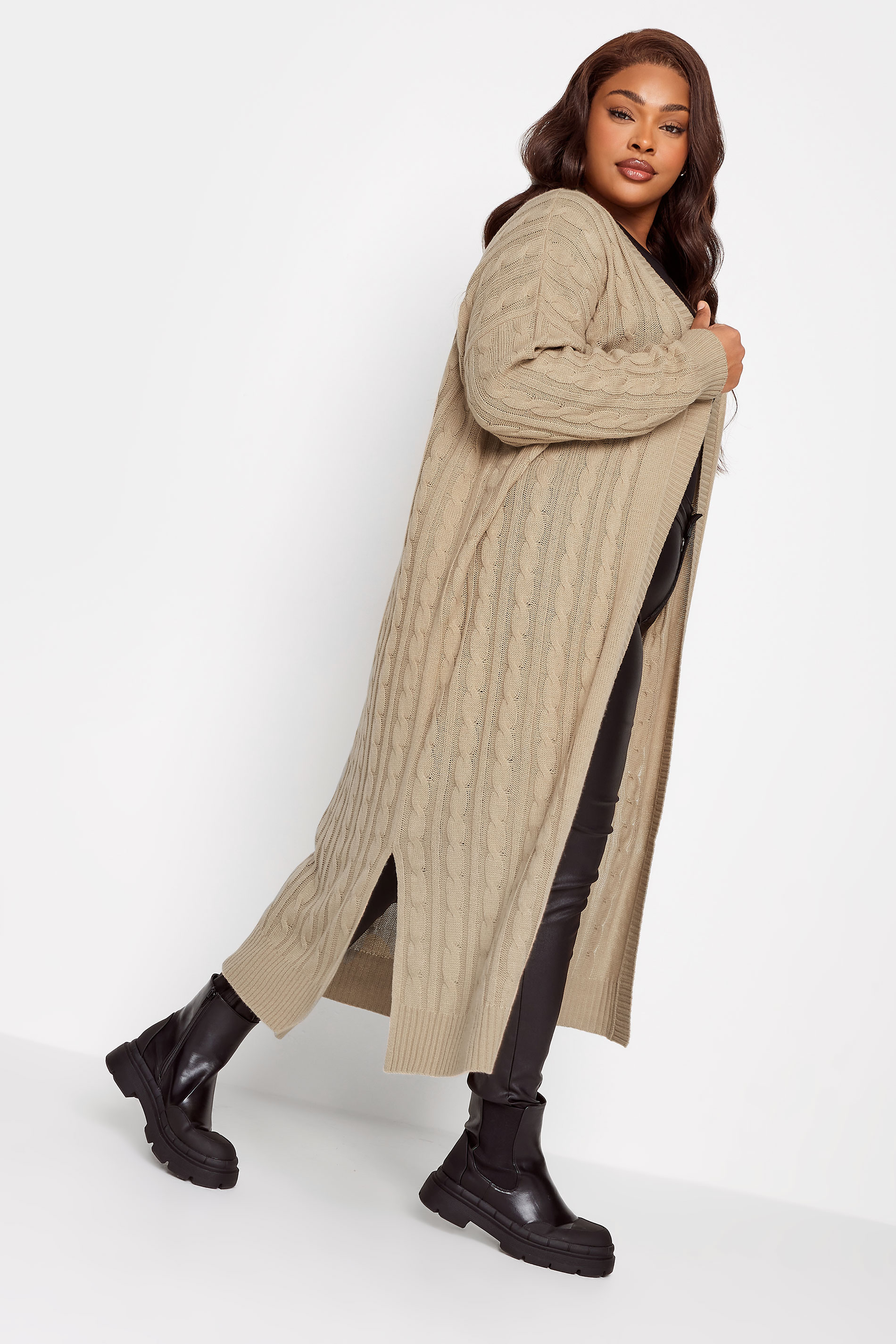 YOURS Plus Size Beige Brown Cable Knit Maxi Cardigan | Yours Clothing 1