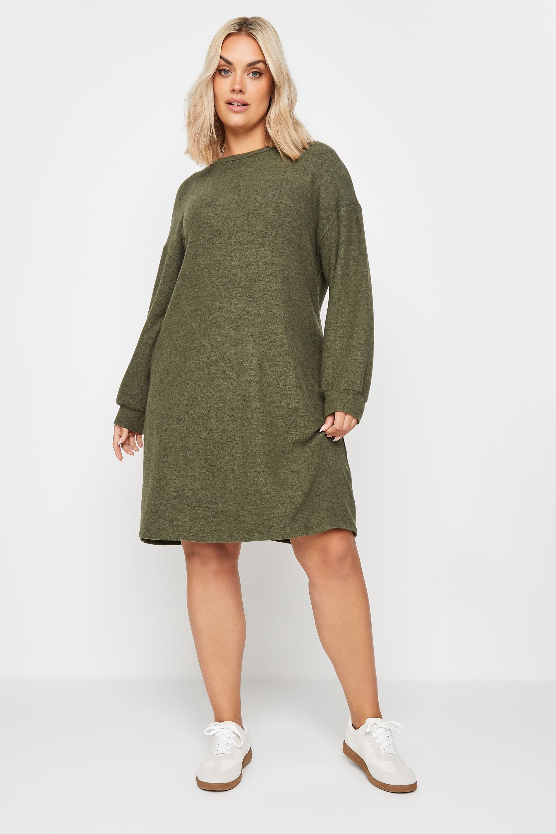 YOURS Plus Size Khaki Green Soft Touch Jumper Dress | Yours Clothing 1