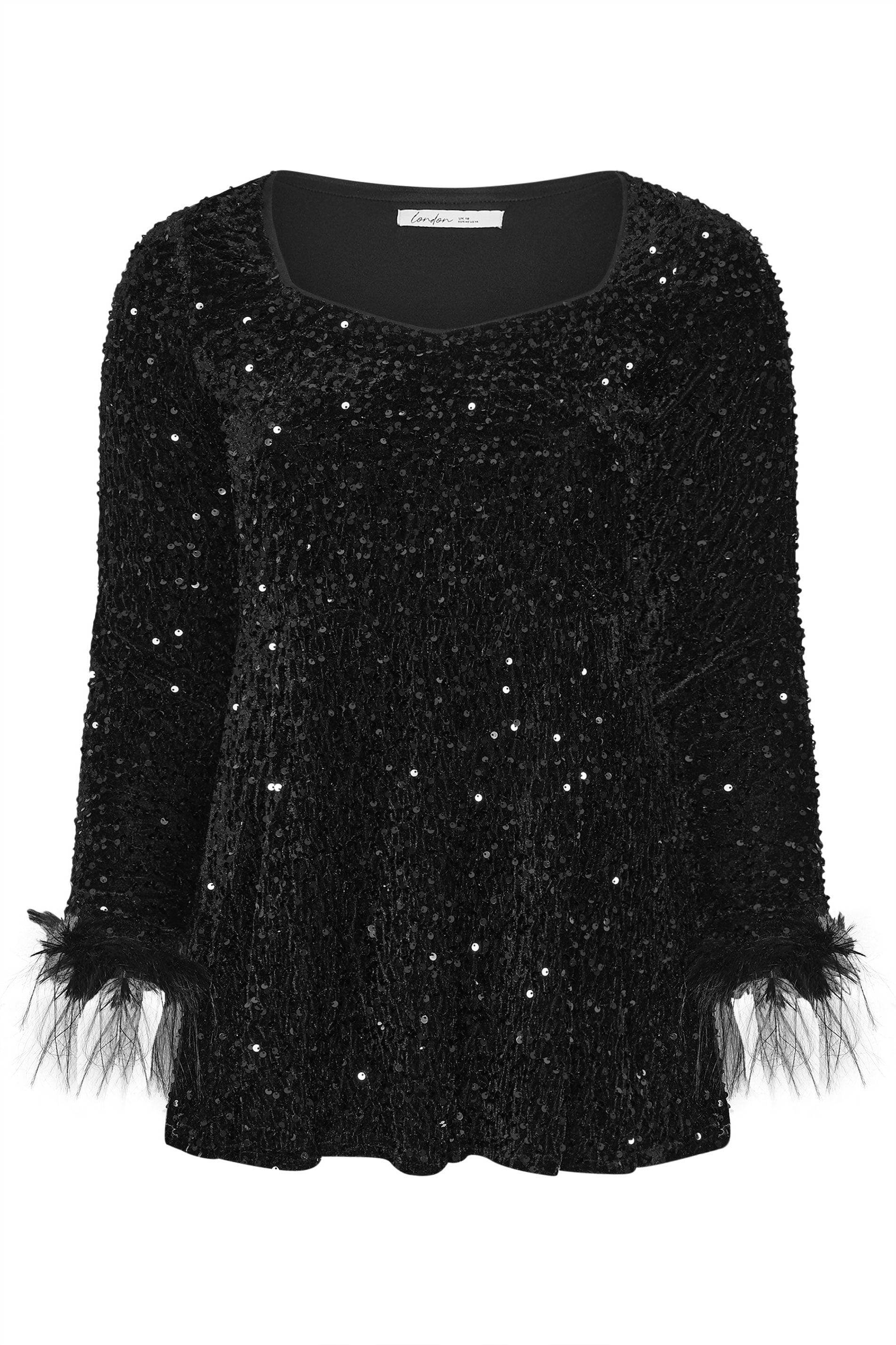 YOURS LONDON Plus Size Black Velvet Sequin Faux Fur Trim Top | Yours Clothing 6