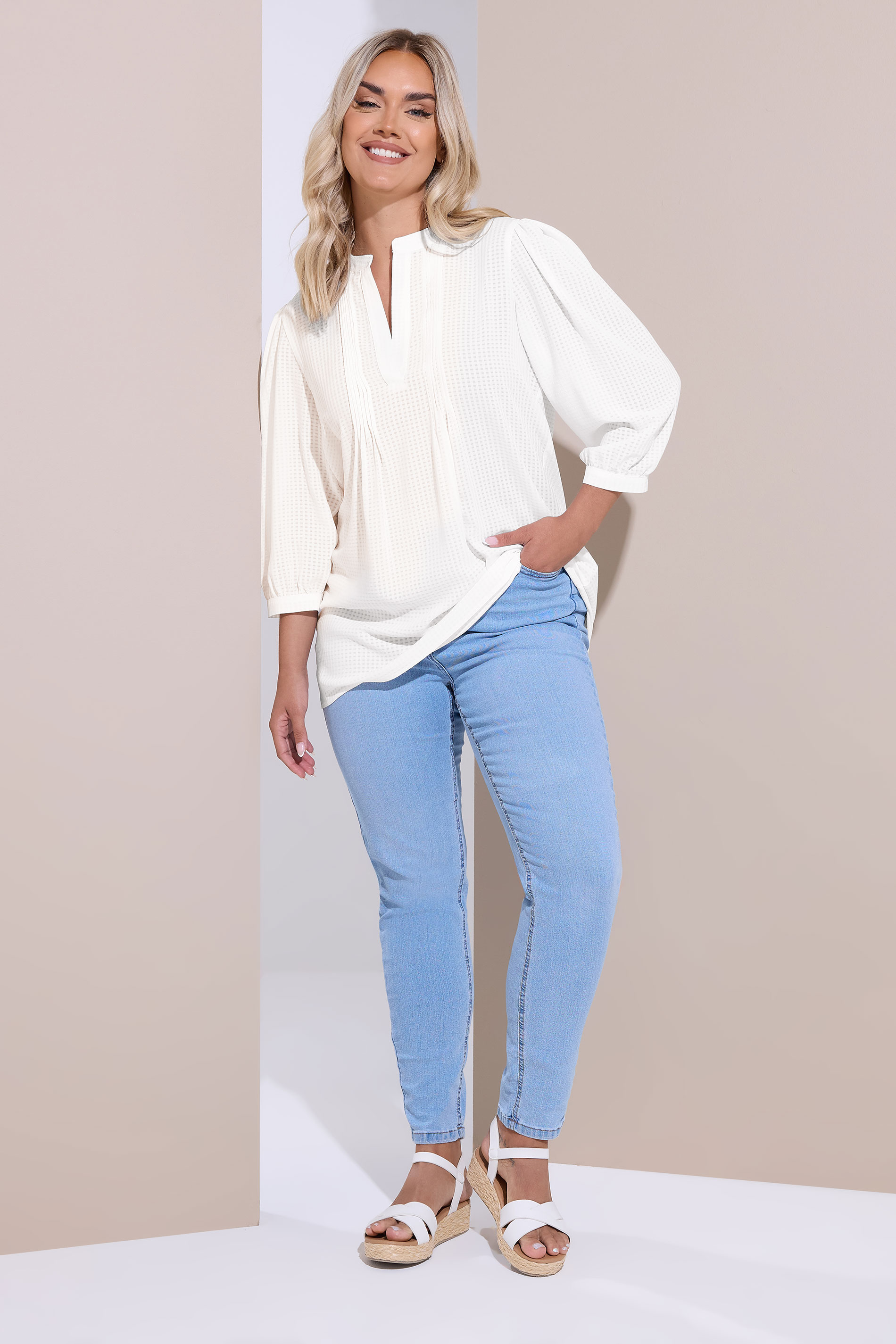 YOURS Plus Size White Woven Check Pintuck Blouse | Yours Clothing 1