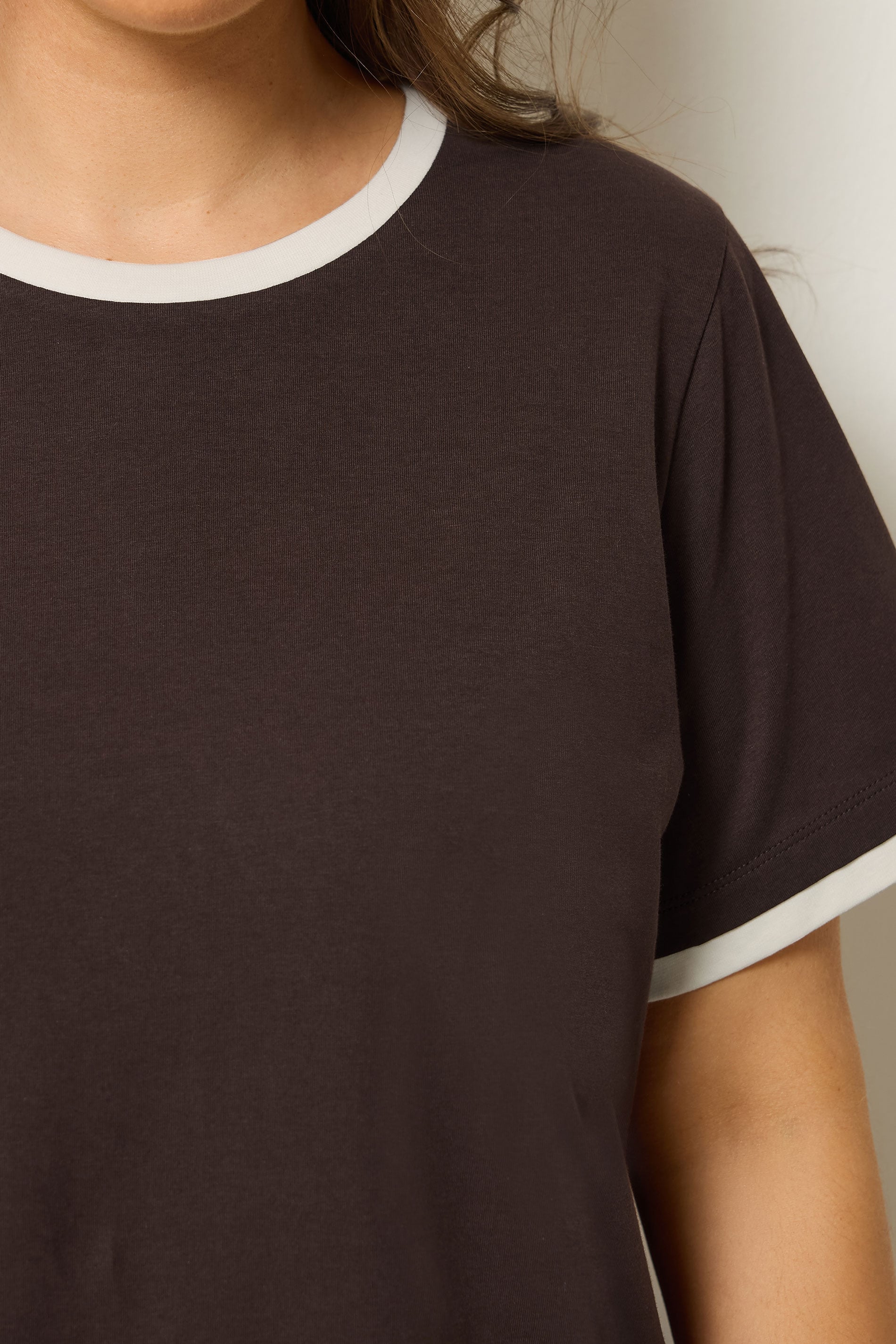 YOURS Plus Size Chocolate Brown Contrast Trim T-Shirt | Yours Clothing 5