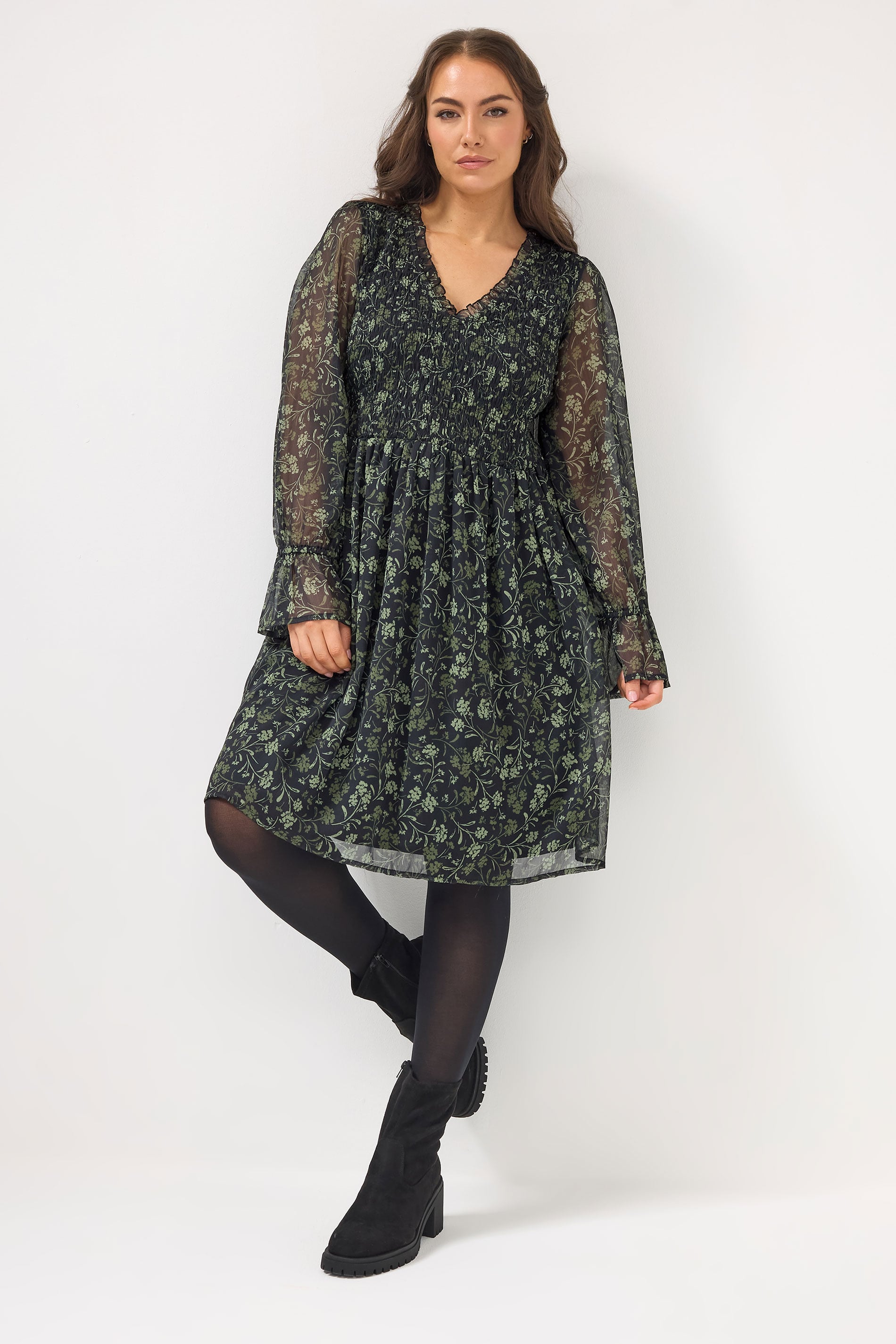 YOURS Plus Size Black Floral Shirred Mini Dress | Yours Clothing 3