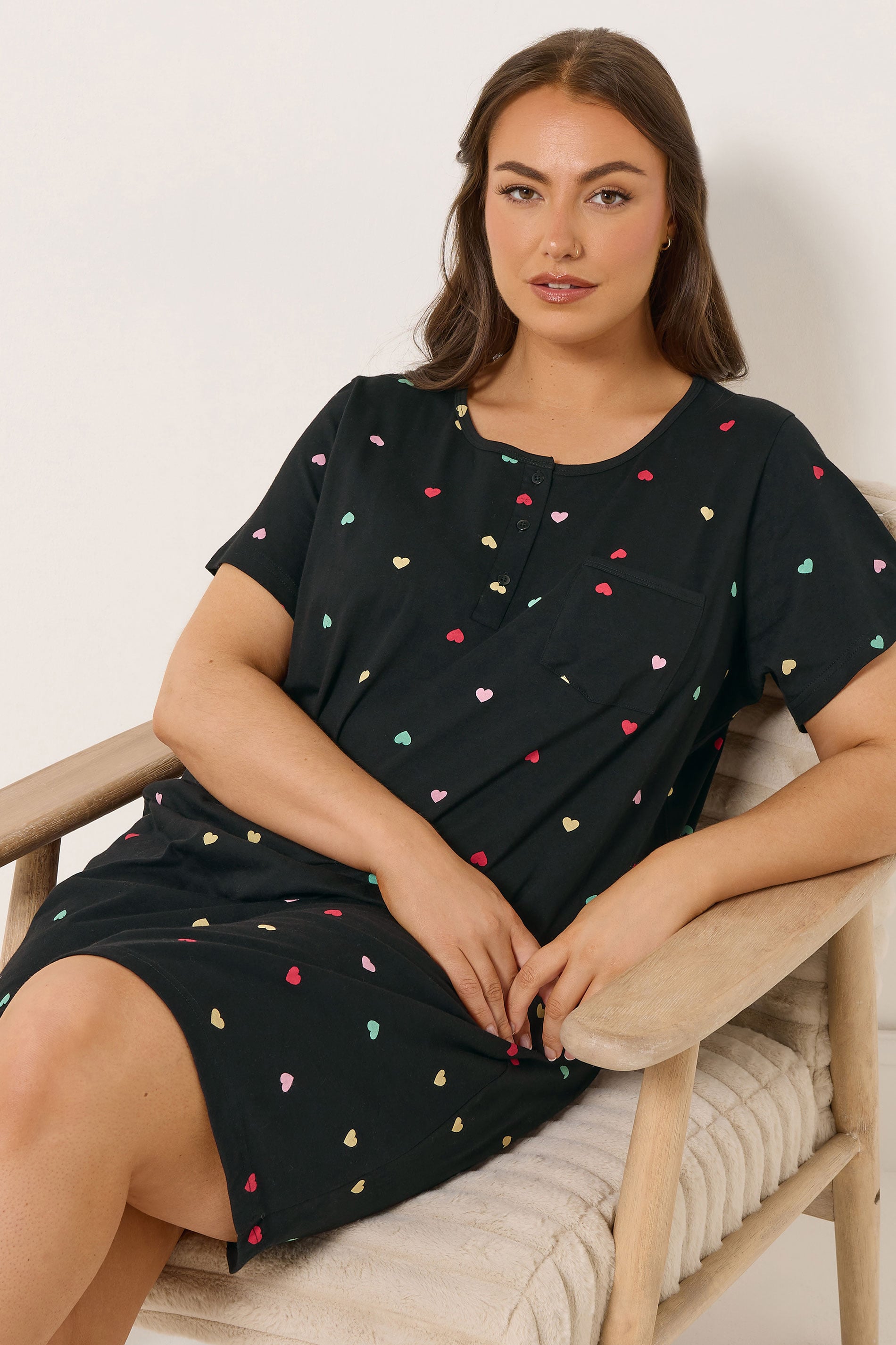 YOURS Plus Size Black Heart Placket Nightdress | Yours Clothing 1