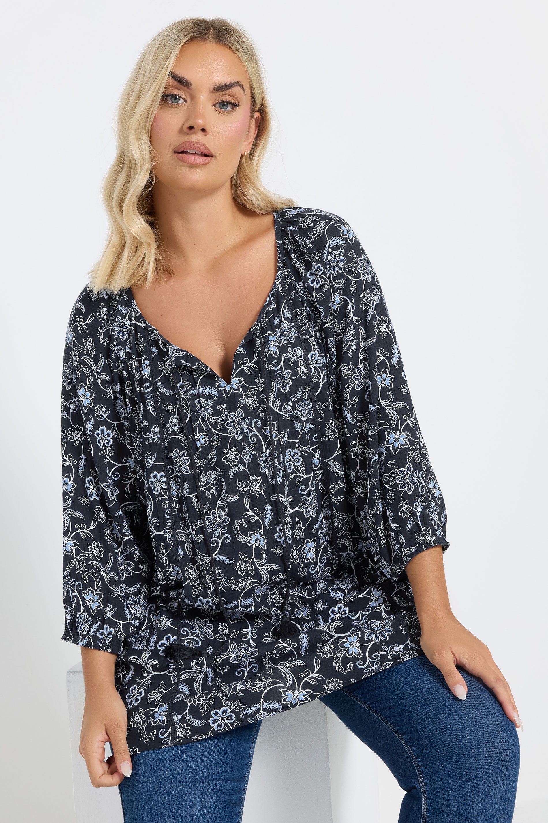 YOURS Plus Size Navy Blue Floral Print Tie Front Top | Yours Clothing 3