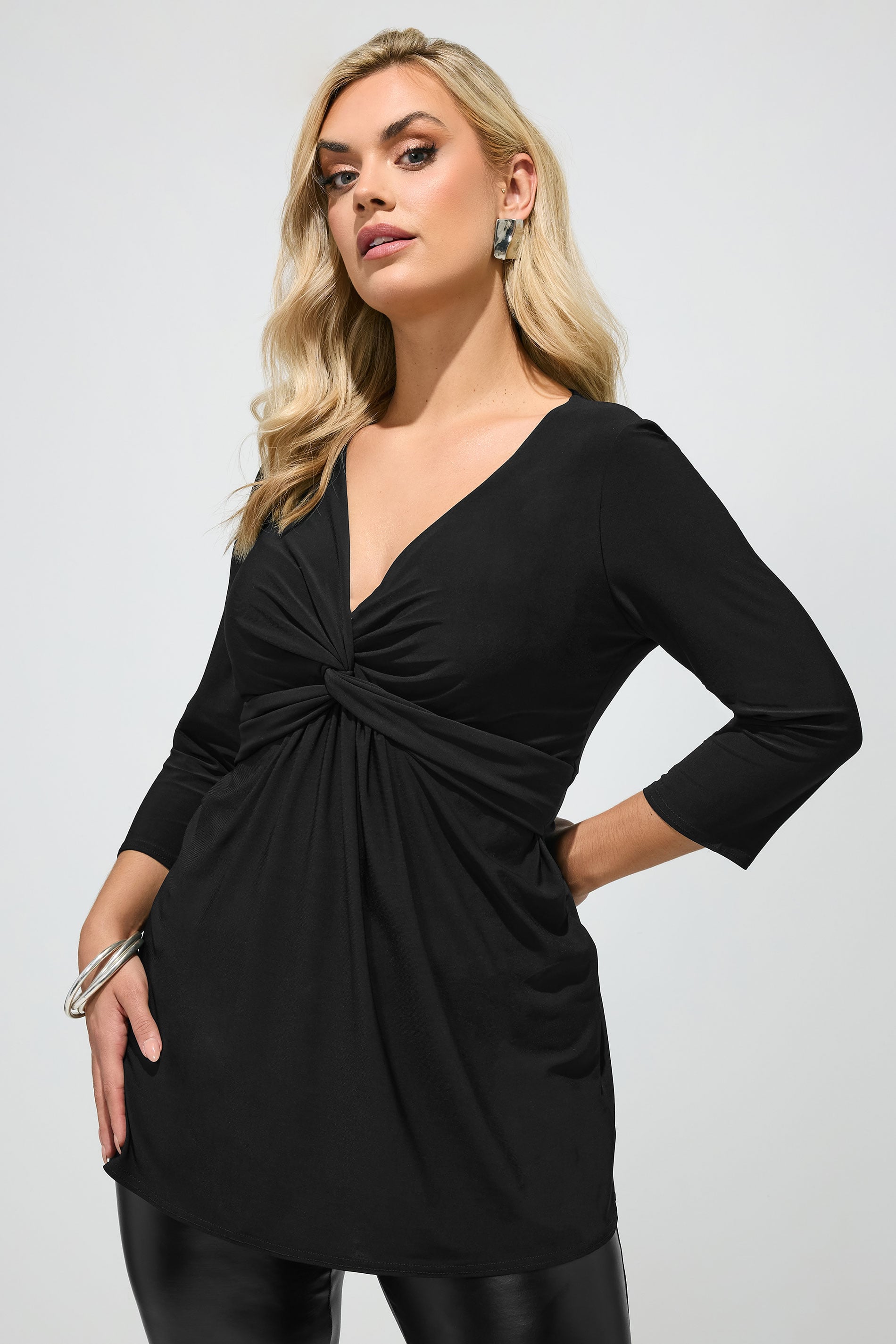 YOURS LONDON Plus Size Black Knot Detail Front Top | Yours Clothing 3