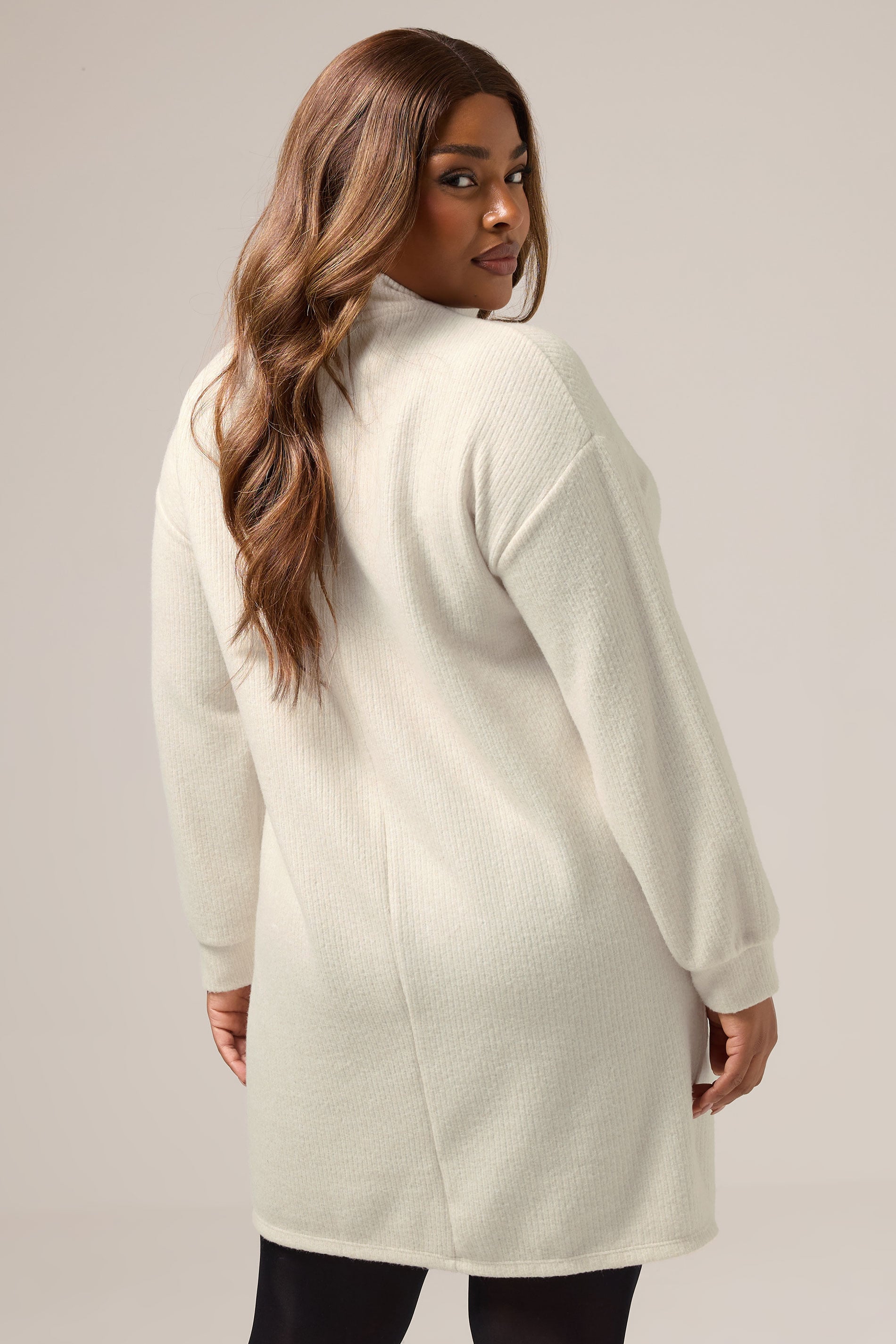 YOURS Plus Size Cream Zip Neck Ribbed Jumper Dress | Yours Clothing 2