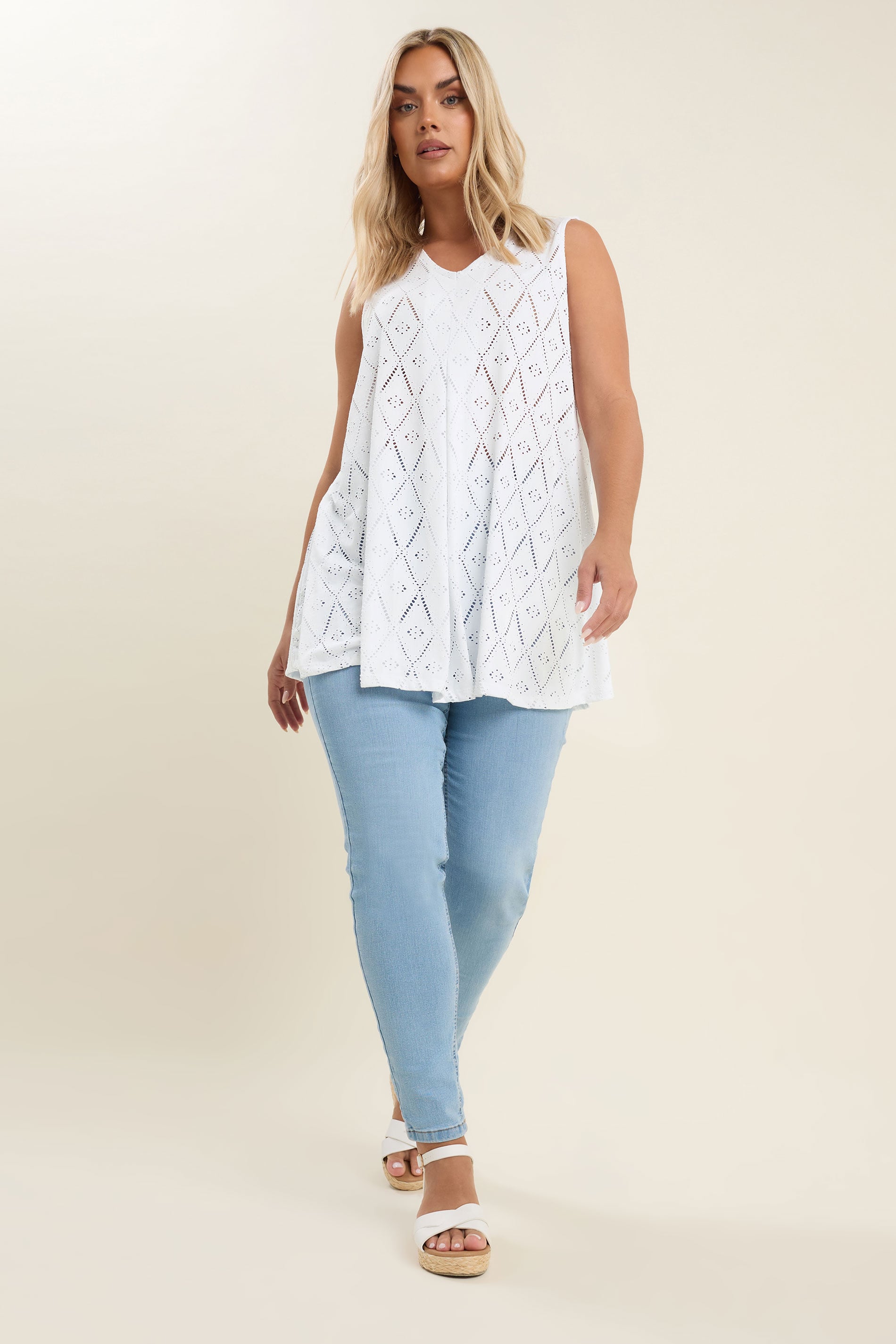 YOURS Plus Size White Broderie Anglaise Pleated Vest Top | Yours Clothing 1