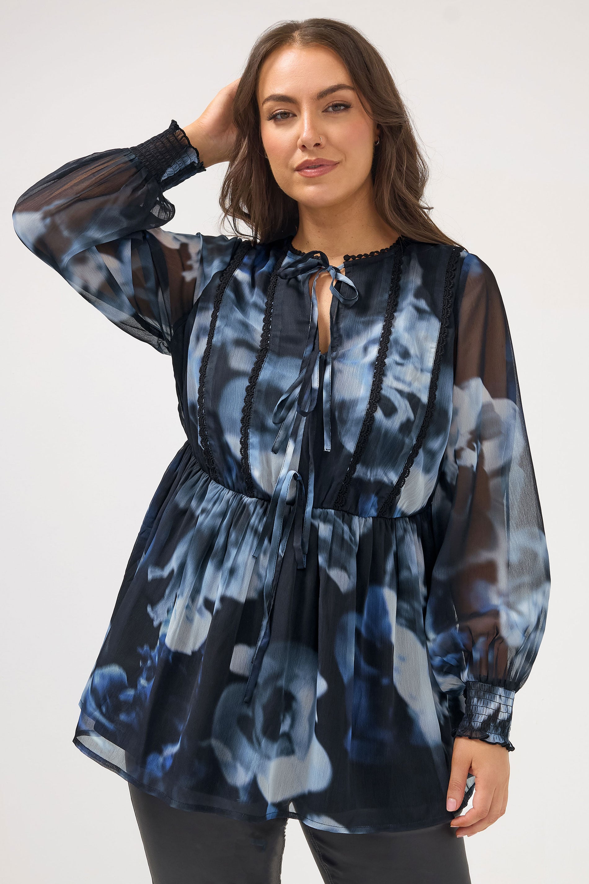 YOURS Plus Size Black Blurred Floral Tie Front Blouse | Yours Clothing 3