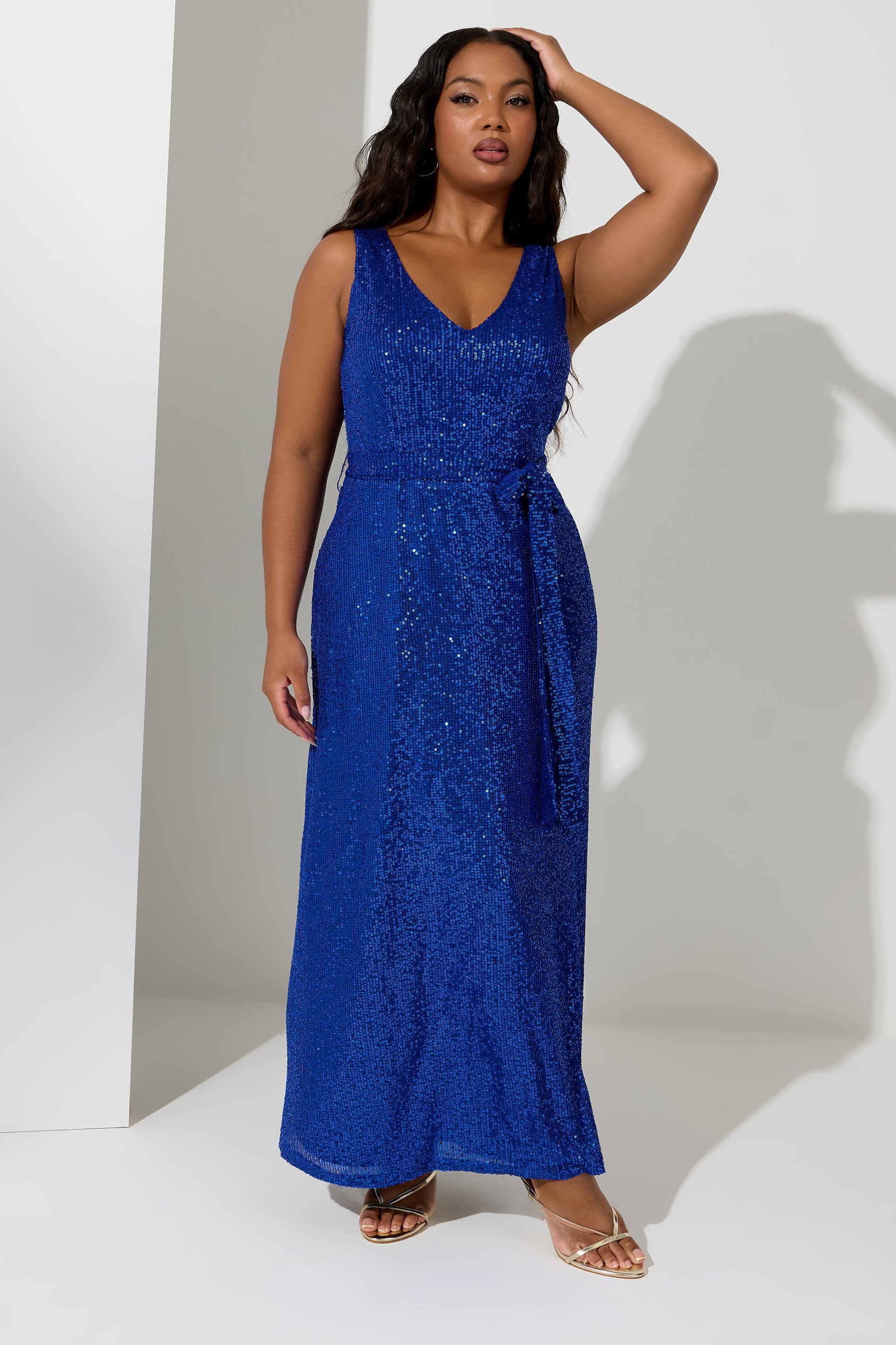YOURS LONDON Plus Size Cobalt Blue Sequin V-Neck Maxi Dress | Yours Clothing 3
