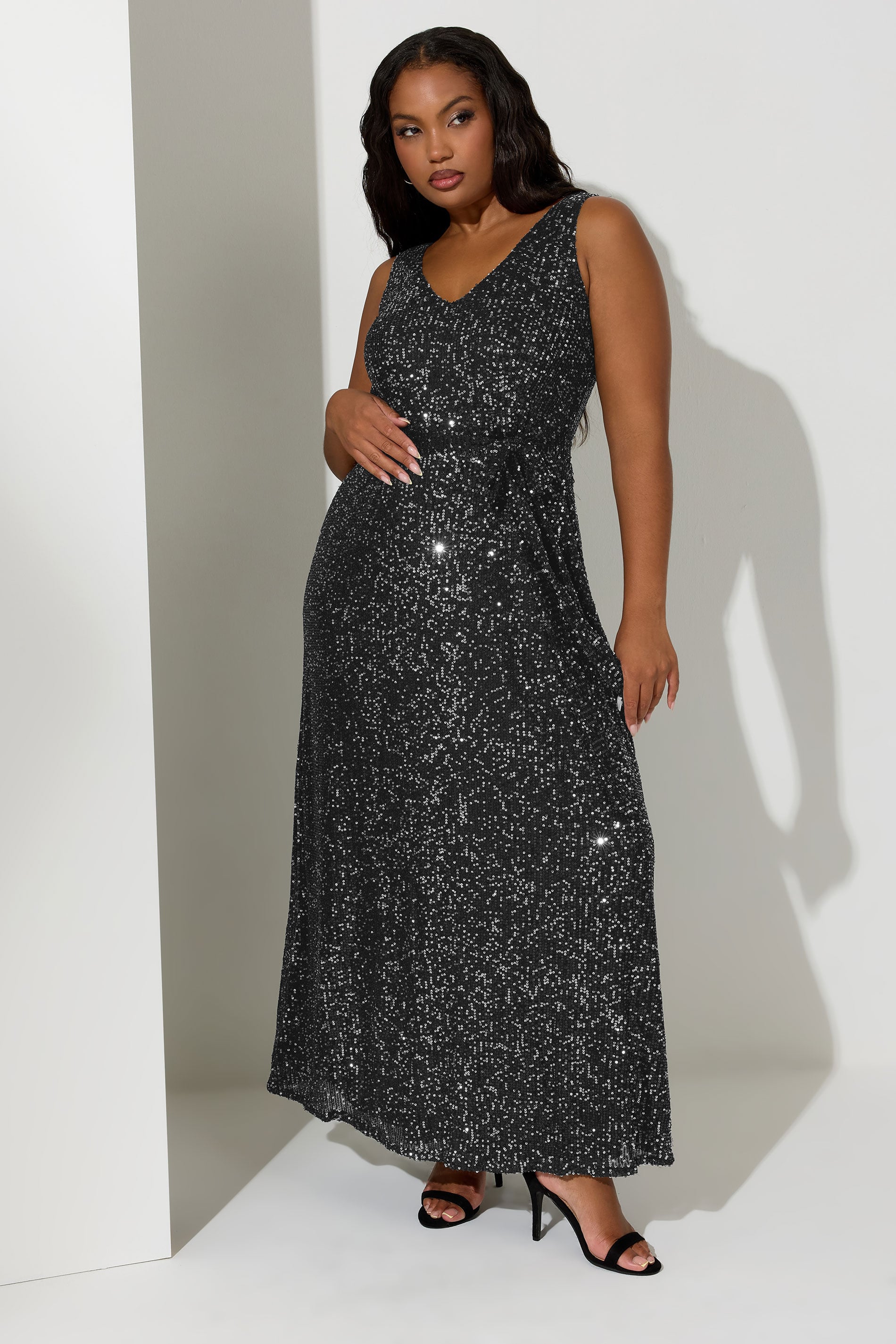 YOURS LONDON Plus Size Black Sequin V-Neck Maxi Dress | Yours Clothing 1