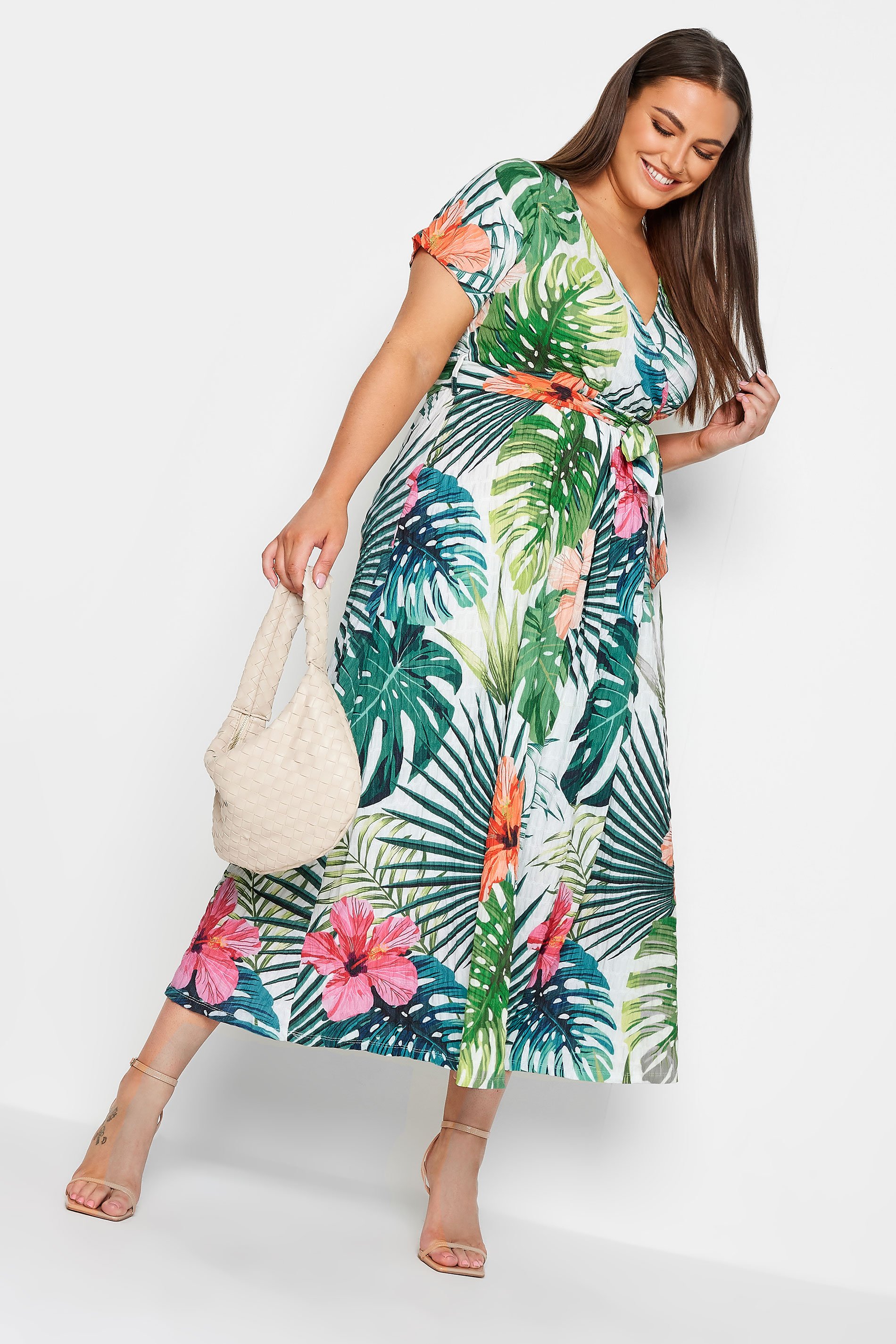 YOURS Curve White Tropical Floral Print Wrap Dress | Yours Clothing 1