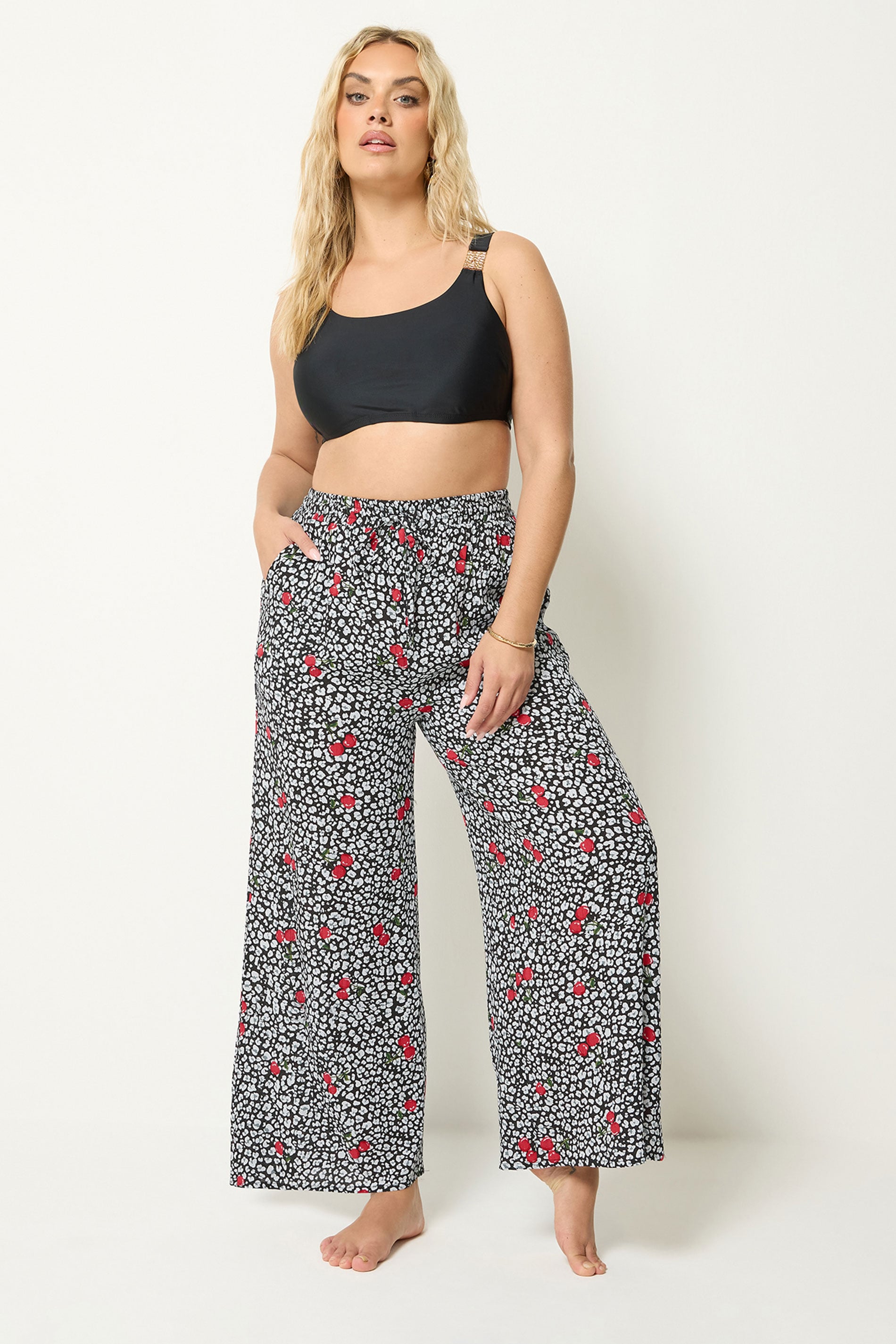 YOURS Plus Size Black Leopard & Cherry Print Crinkle Beachwear Wide Leg Trousers | Yours Clothing 3