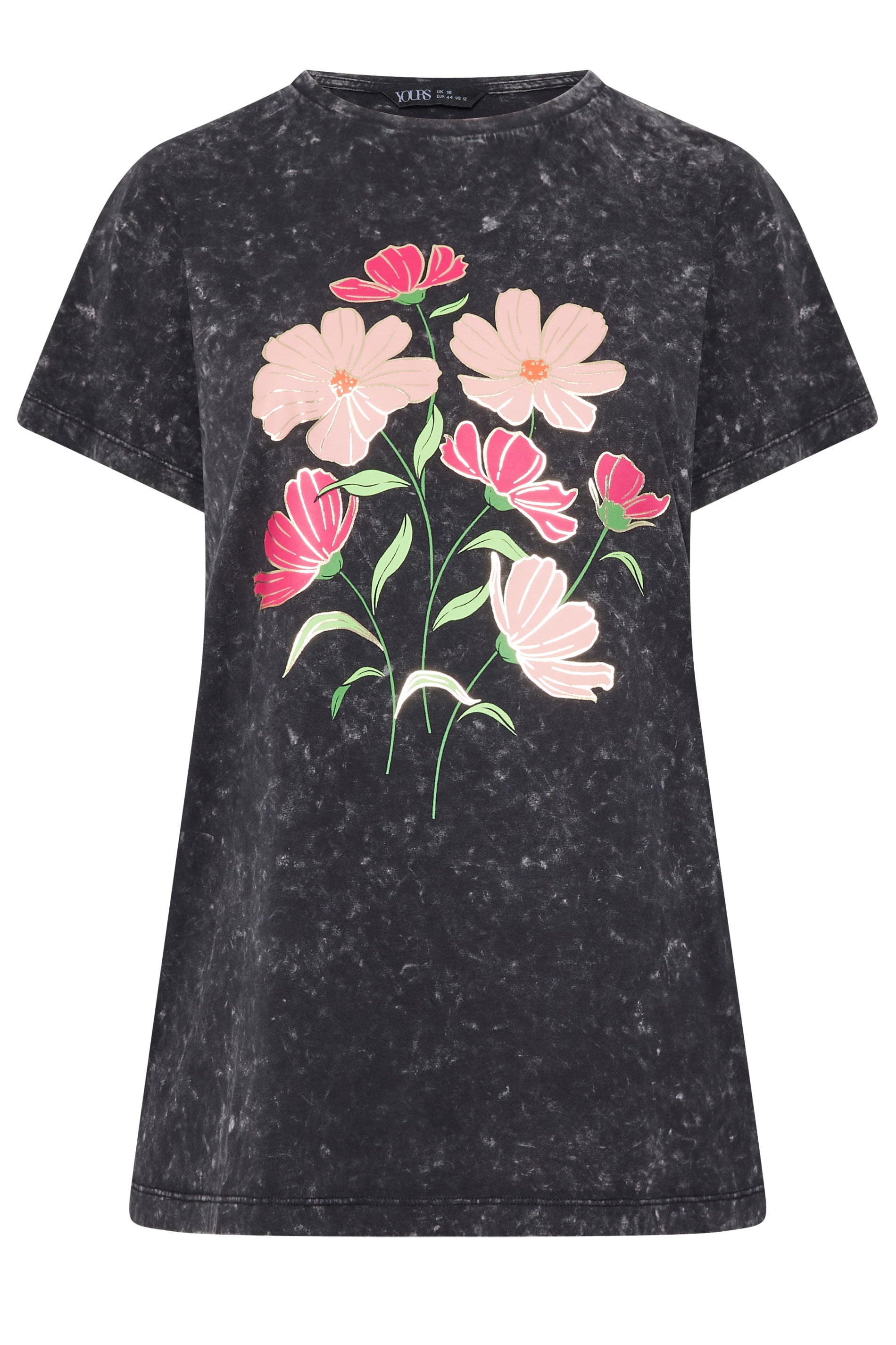 YOURS Plus Size Grey Acid Wash Flower T-Shirt | Yours Clothing 1