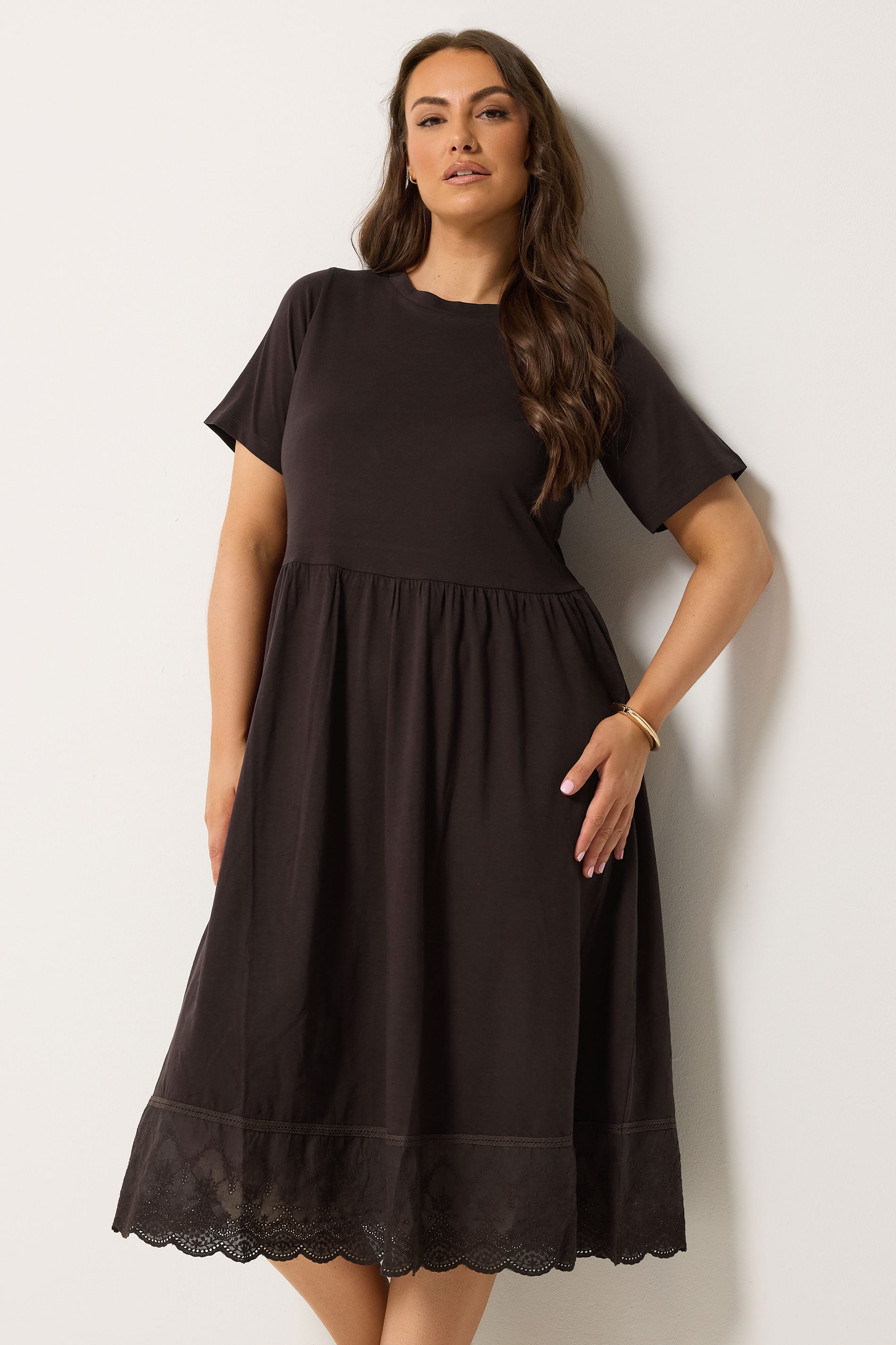YOURS Plus Size Chocolate Brown Broderie Anglaise Trim Dress | Yours Clothing 3