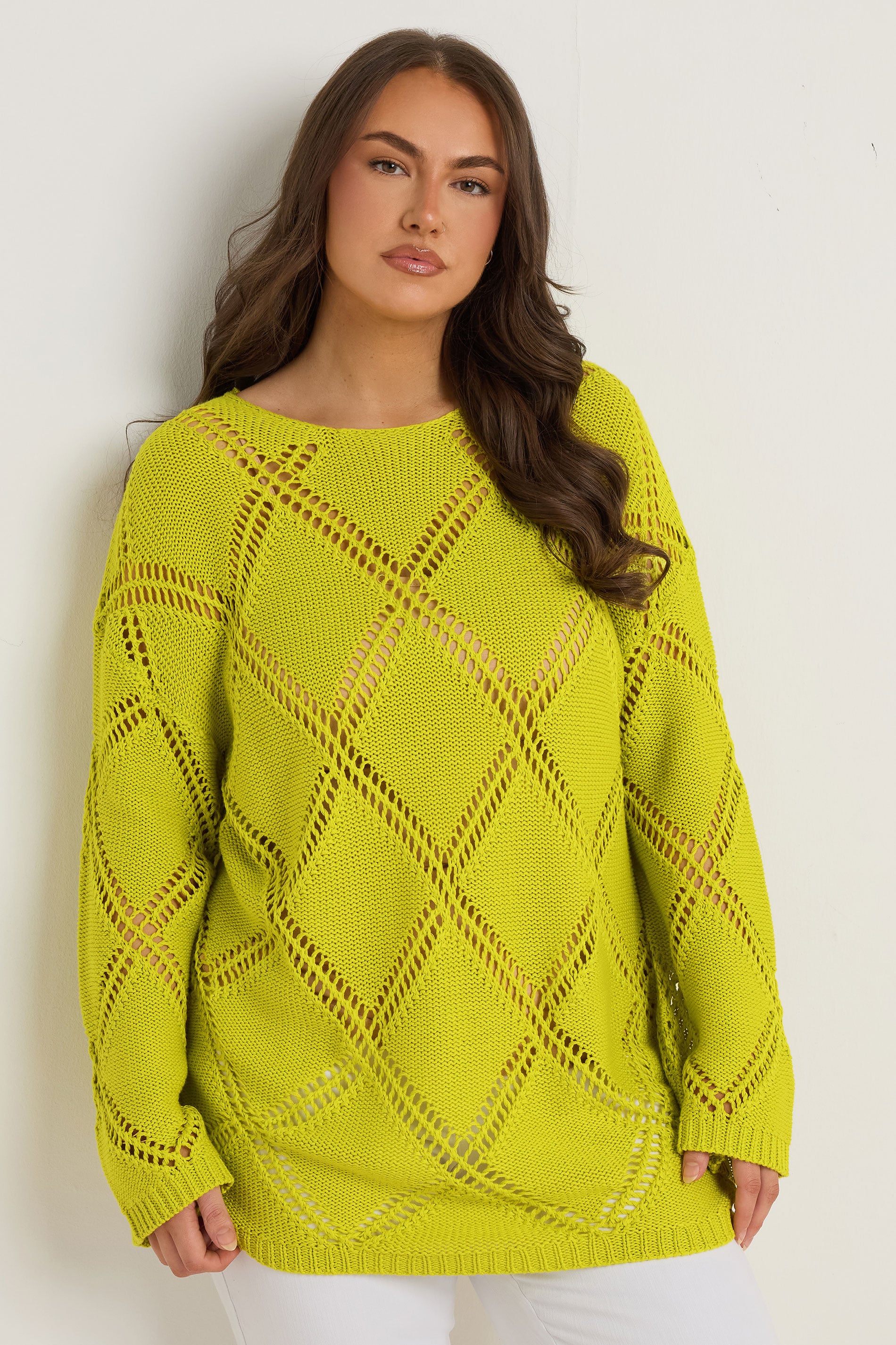 EVANS Plus Size Chartreuse Green Diamond Pointelle Jumper | Evans 1