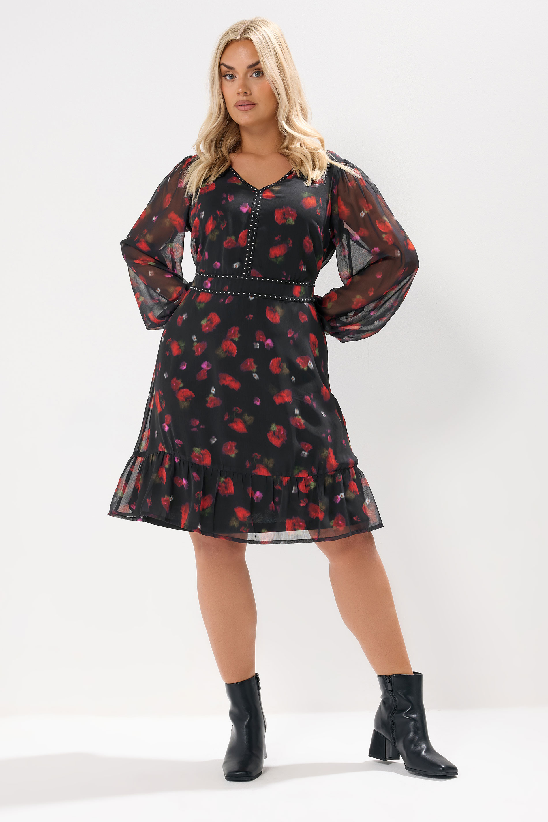 YOURS Plus Size Black Blurred Floral Stud Midi Dress | Yours Clothing 2