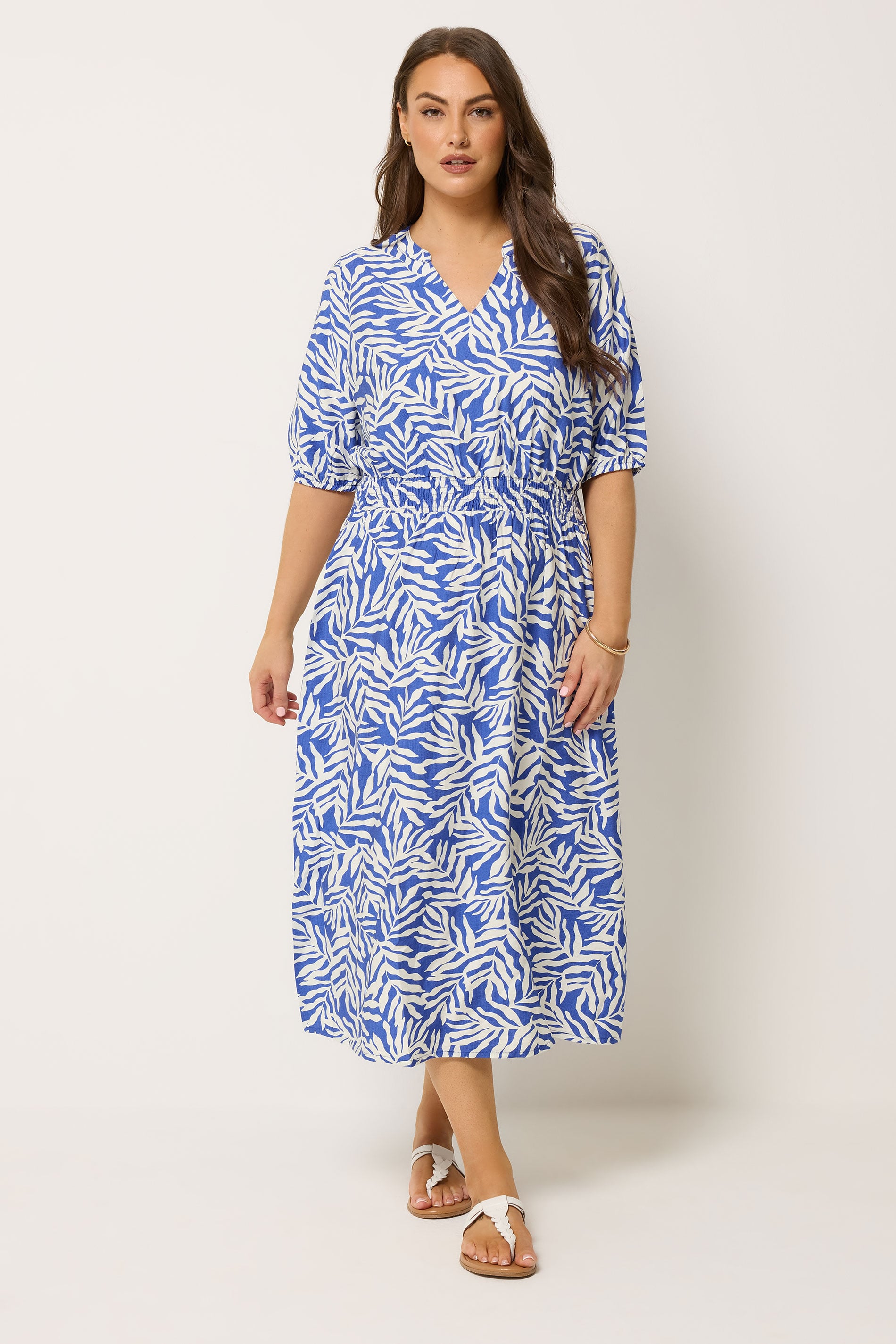 YOURS Plus Size Blue Leaf Print Notch Neck Dress | Yours Clothing 1