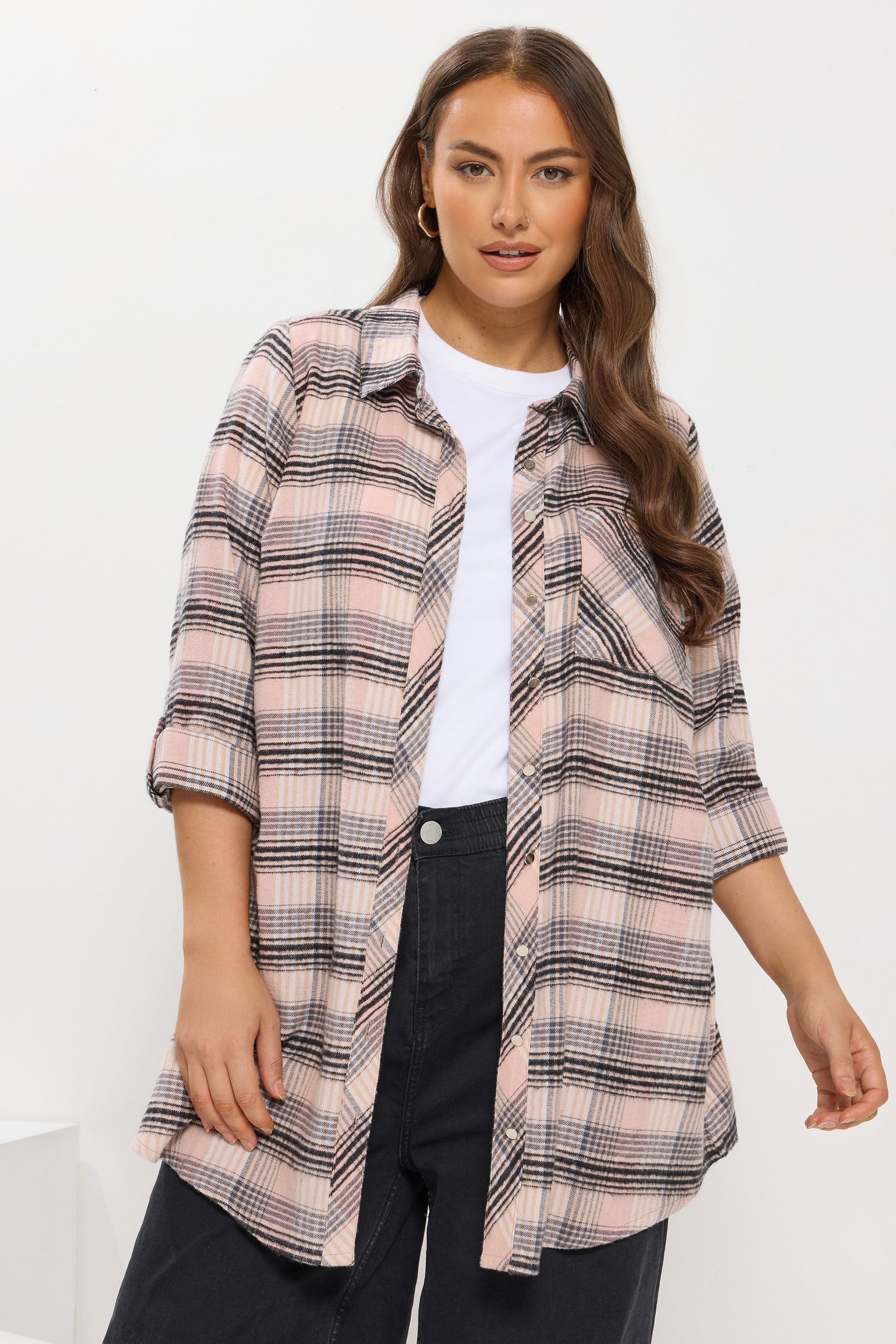 YOURS Plus Size Pink Check Boyfriend Shirt | Yours Clothing 3