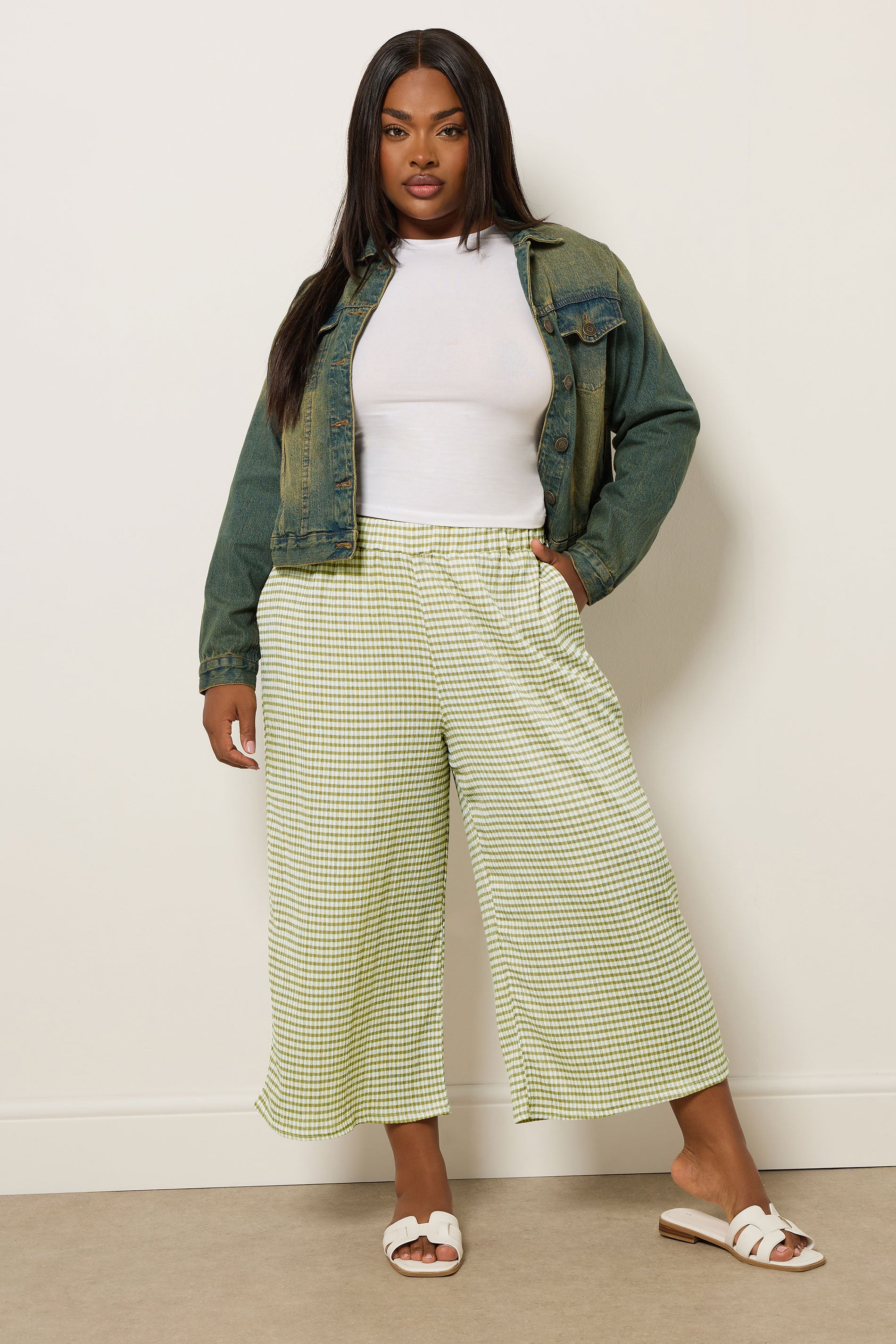 YOURS Plus Size Green Gingham Textured Midaxi Culottes | Yours Clothing 1