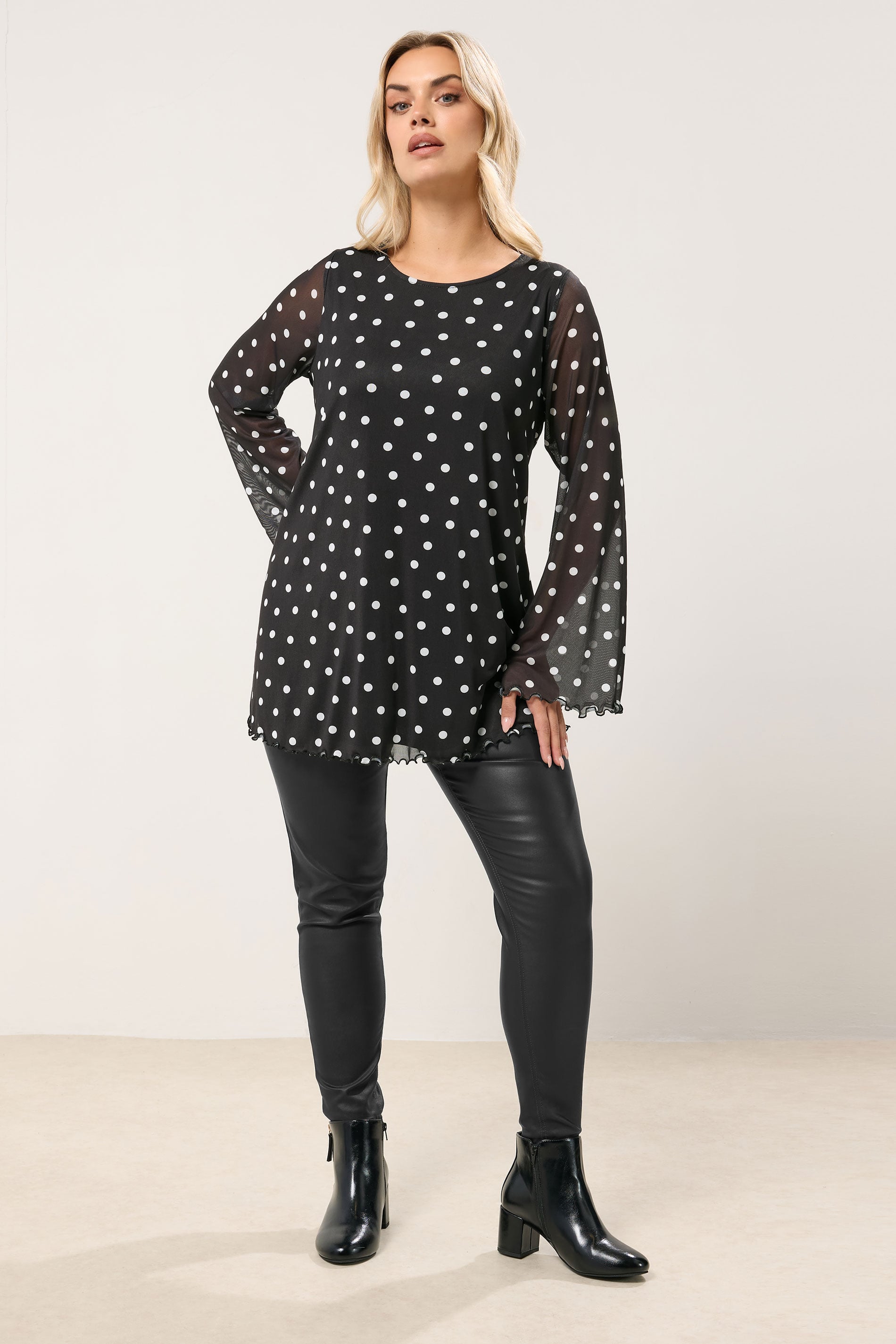 YOURS Plus Size Black Polka Dot Mesh Swing Top | Yours Clothing 1