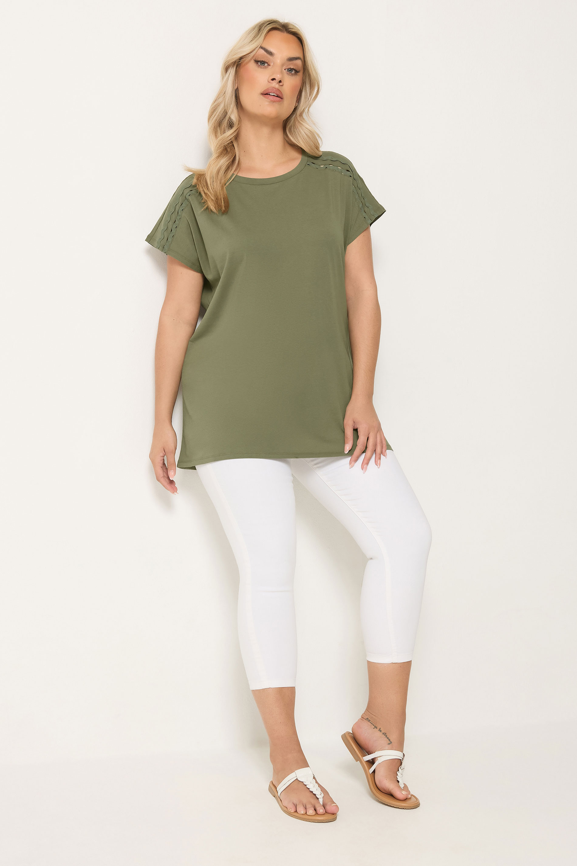 YOURS Plus Size Khaki Green Trim Detail T-Shirt | Yours Clothing 1