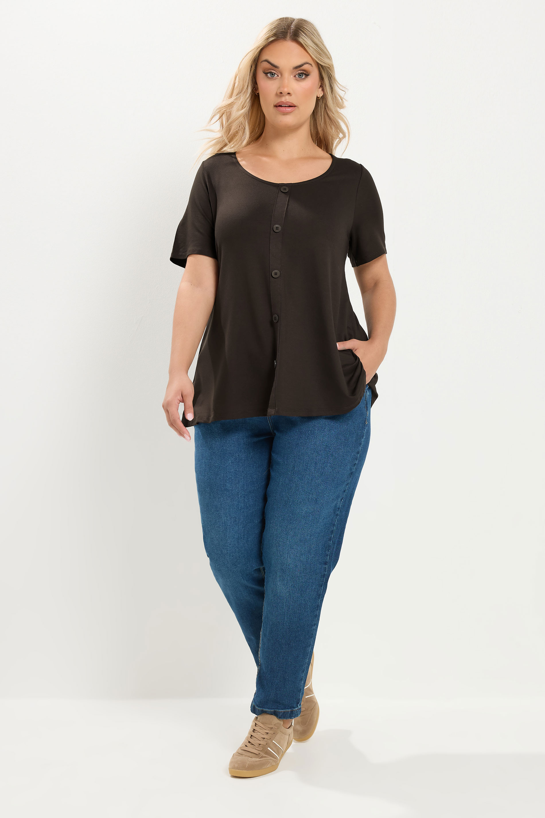 YOURS Plus Size Chocolate Brown Button Front Top | Yours Clothing 1