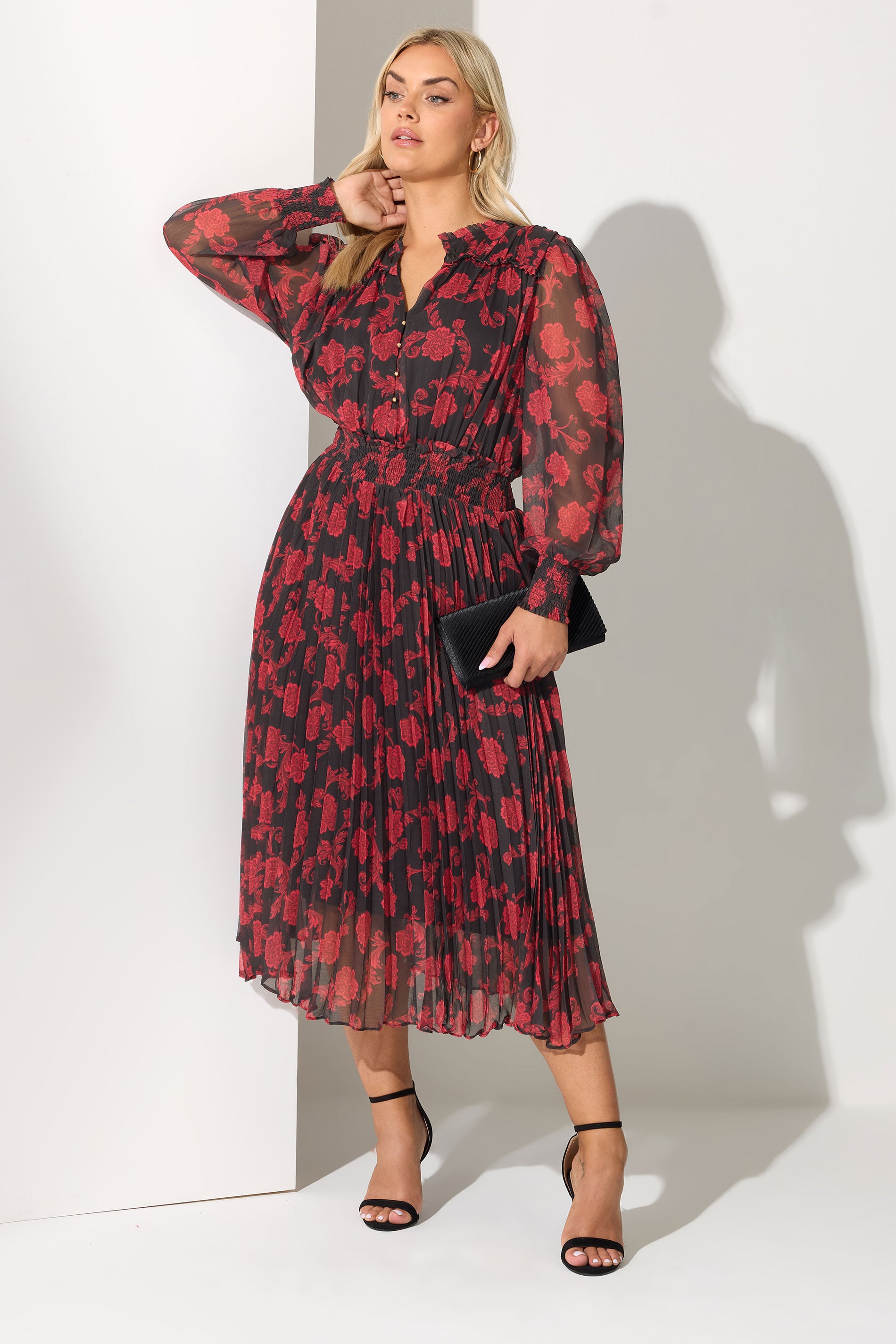 YOURS LONDON Plus Size Black Floral Pleated Shirt Dress | Yours Clothing 1