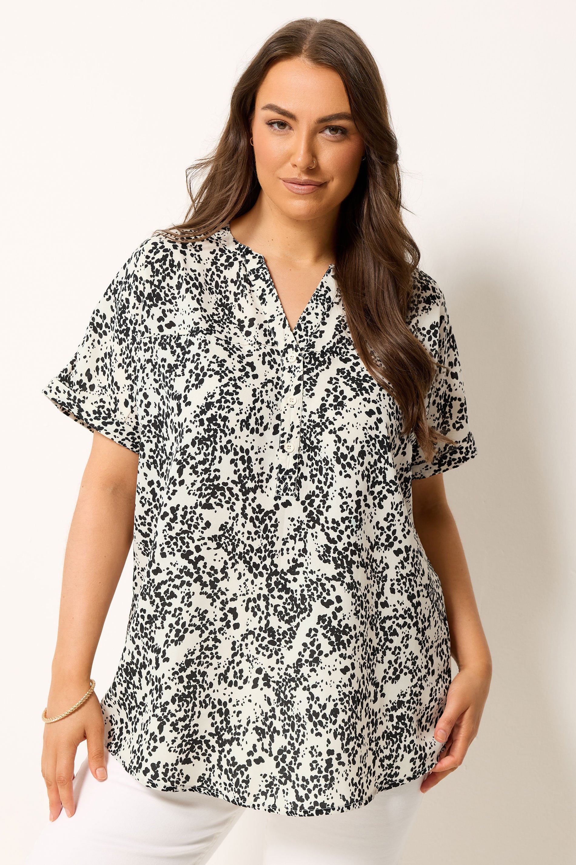 YOURS Curve Ivory White Dalmatian Print Notch Neck Blouse | Yours Clothing 3