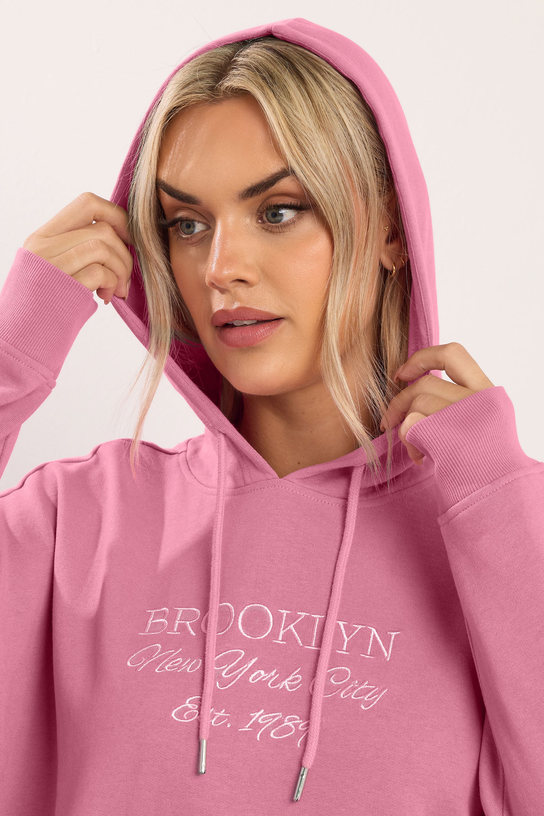 YOURS Plus Size Pink 'Brooklyn' Embroidered Slogan Hoodie | Yours Clothing 5