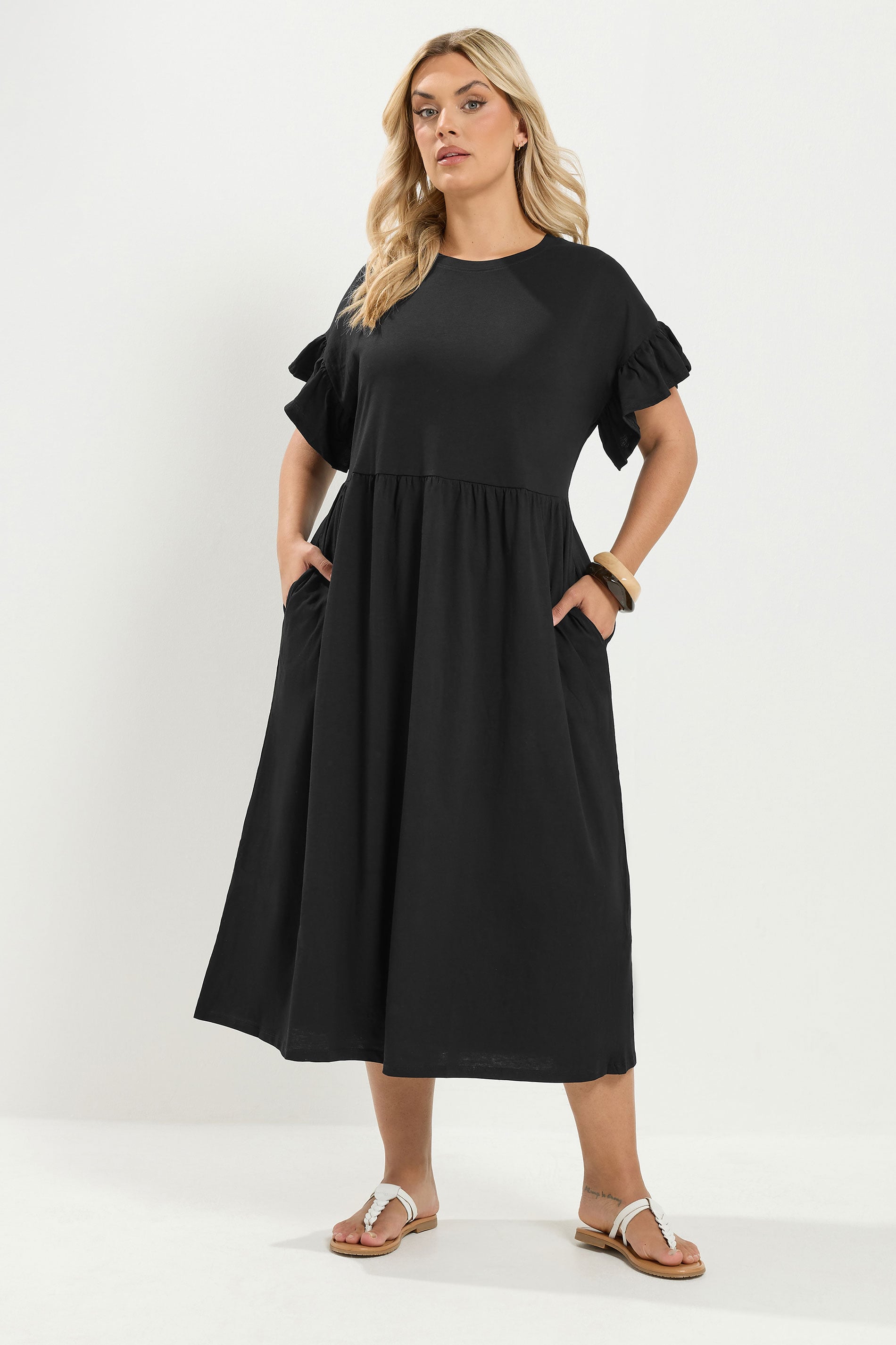 YOURS Plus Size Black Cotton Frill Sleeve Maxi Dress | Yours Clothing 3