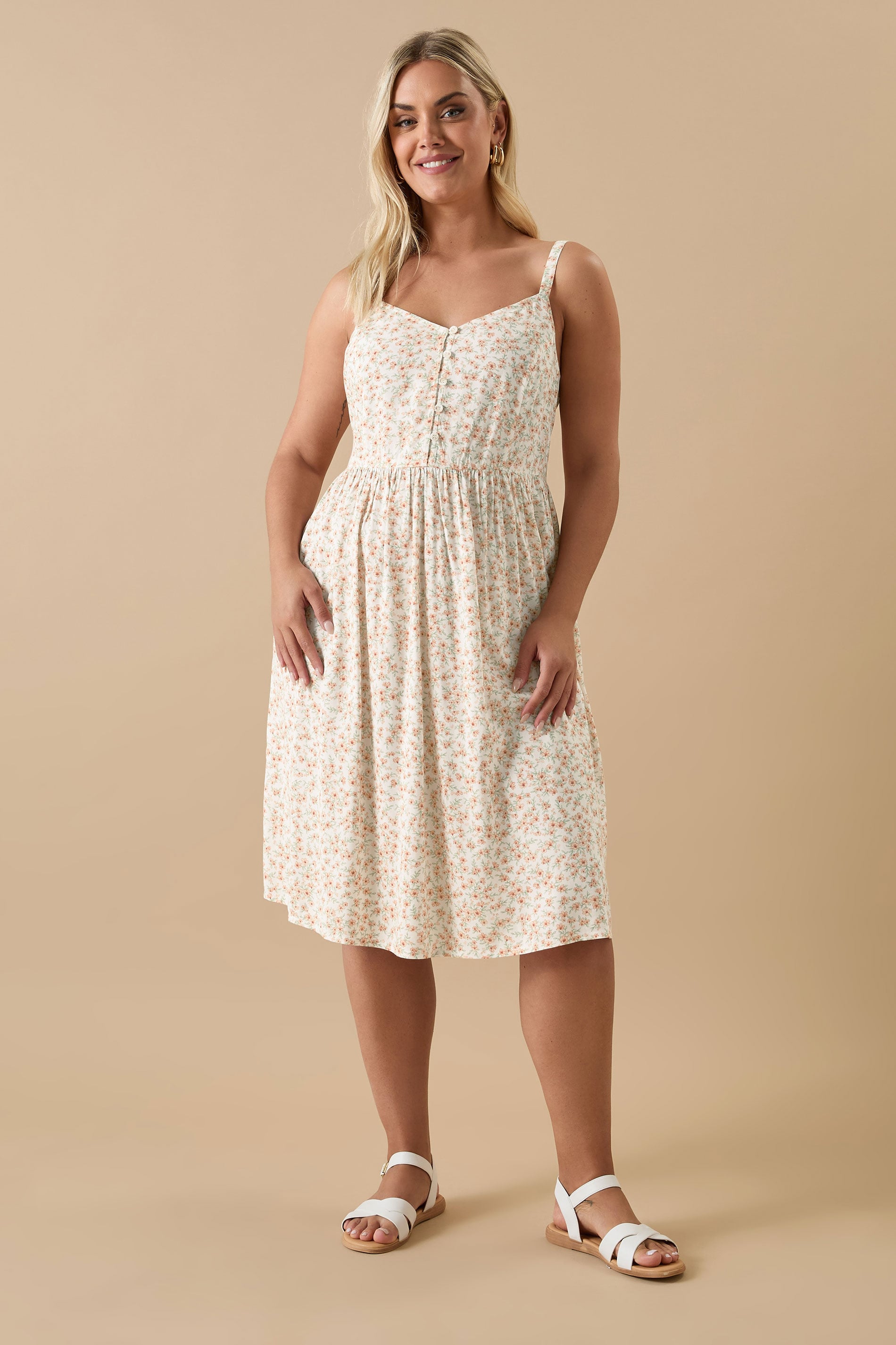 YOURS Plus Size White Ditsy Floral Print Strappy Sundress | Yours Clothing 1