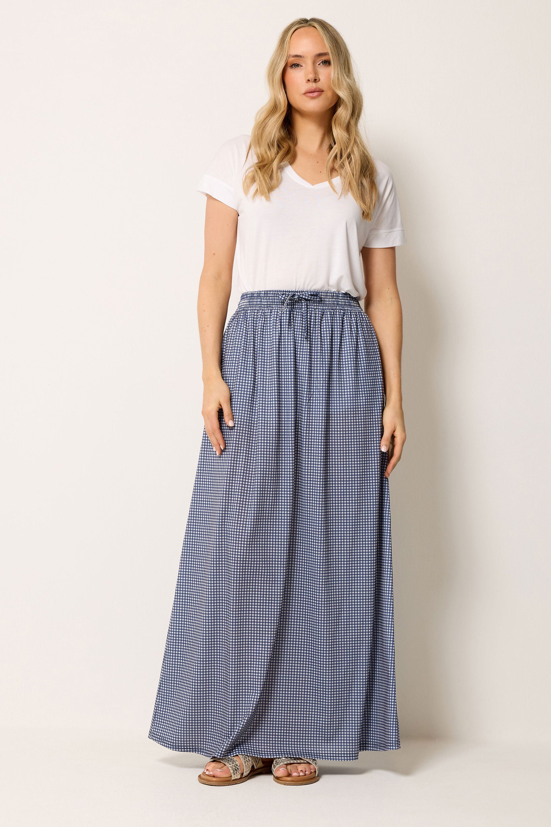 LTS Tall Women's Navy Blue Gingham Shirred Maxi Skirt | Long Tall Sally 3