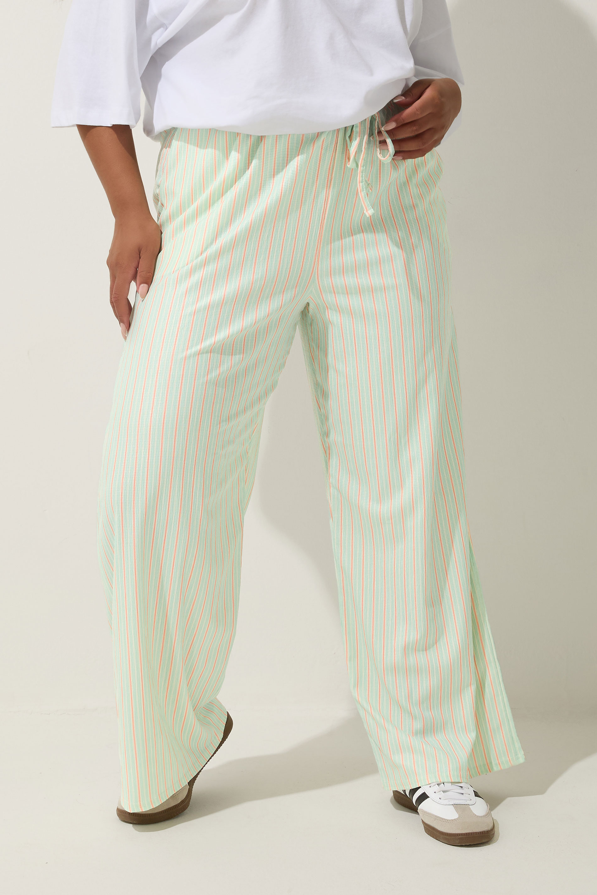 LIMITED COLLECTION Plus Size Mint Green & Pink Stripe Wide Leg Trousers | Yours Clothing 1