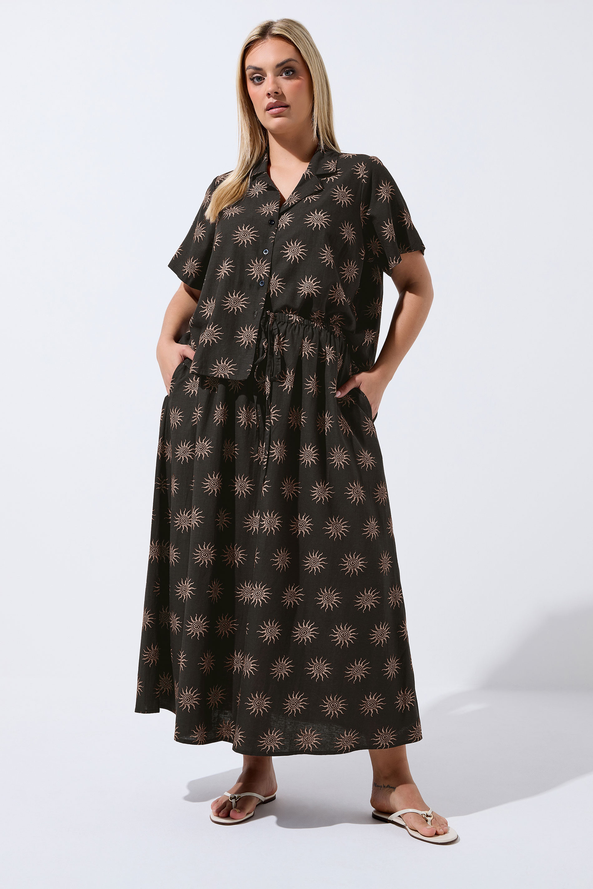 LIMITED COLLECTION Plus Size Dark Brown Sun Print Linen Maxi Skirt | Yours Clothing 1