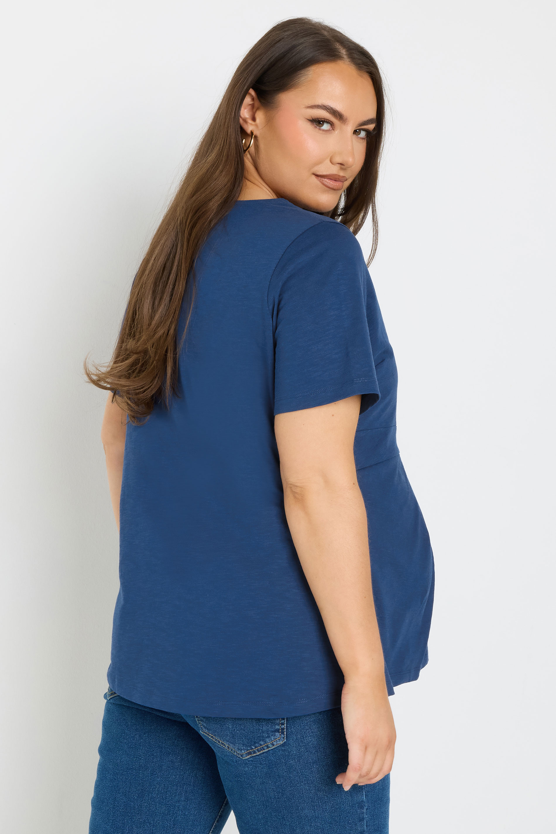 BUMP IT UP MATERNITY Plus Size Navy Blue Soft Cotton Pleat Front Peplum Top | Yours Clothing 4