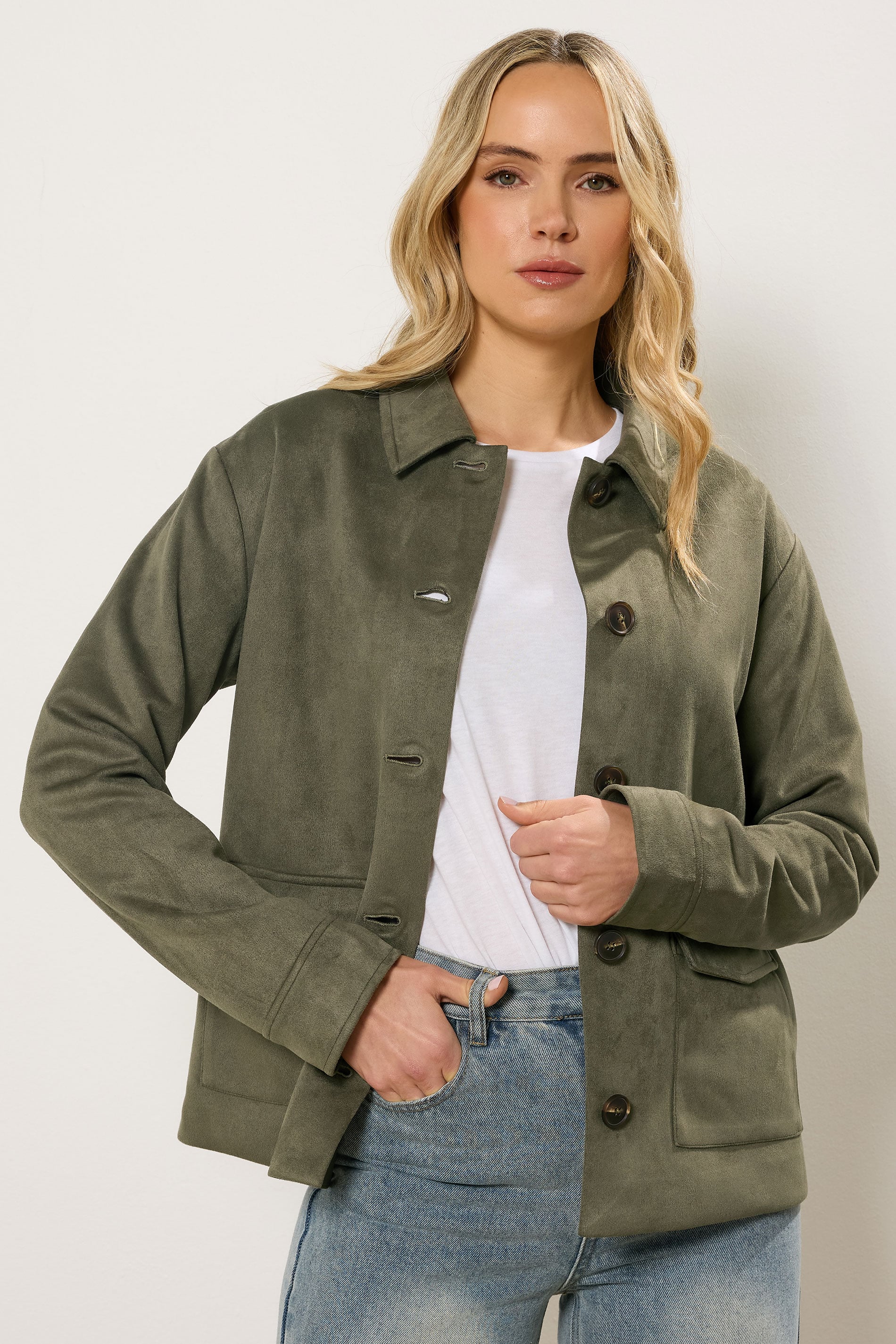 LTS Tall Women's Khaki Green Faux Suede Trucker Jacket | Long Tall Sally 3