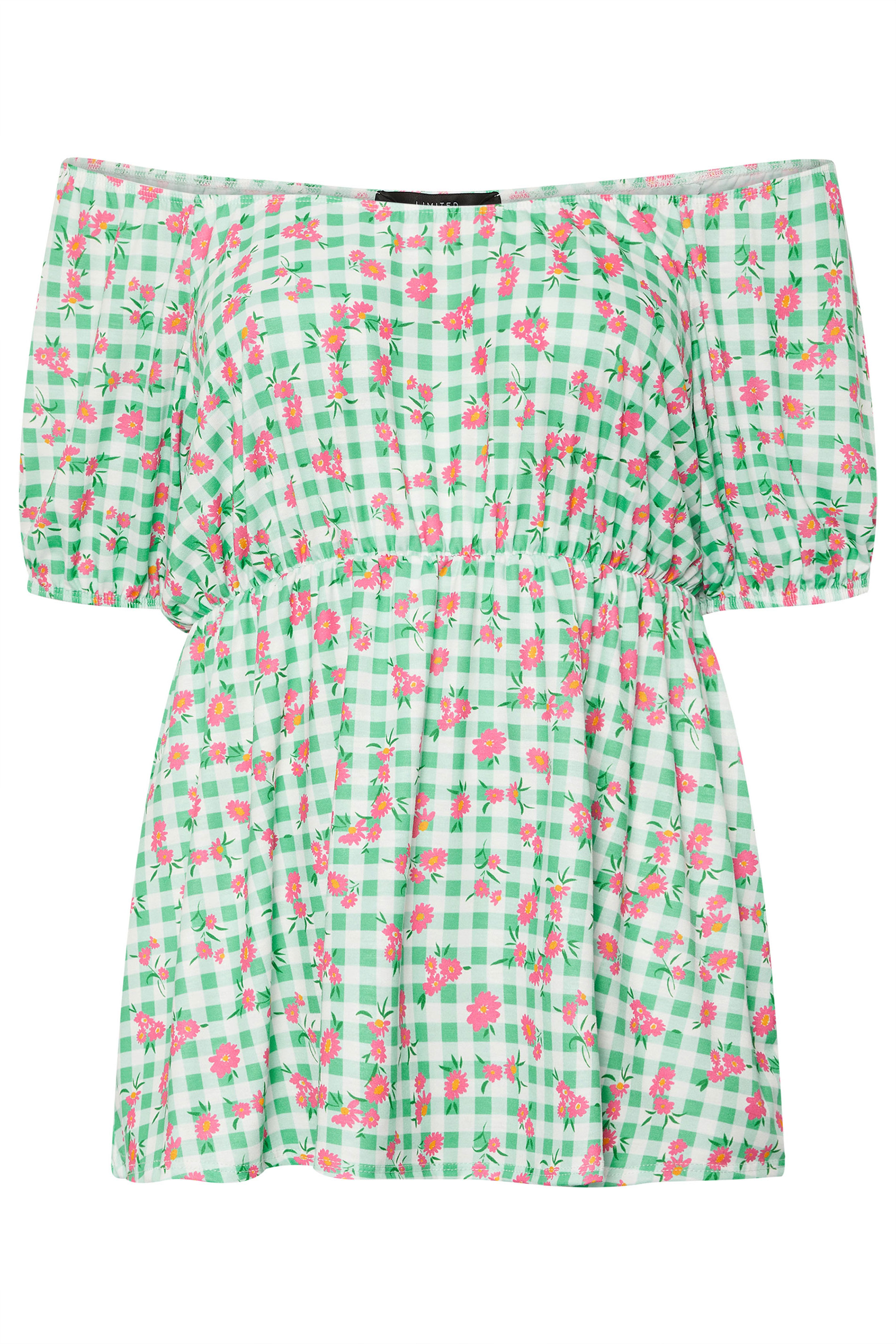 LIMITED COLLECTION Plus Size Green Floral Gingham Bardot Top | Yours Clothing 5