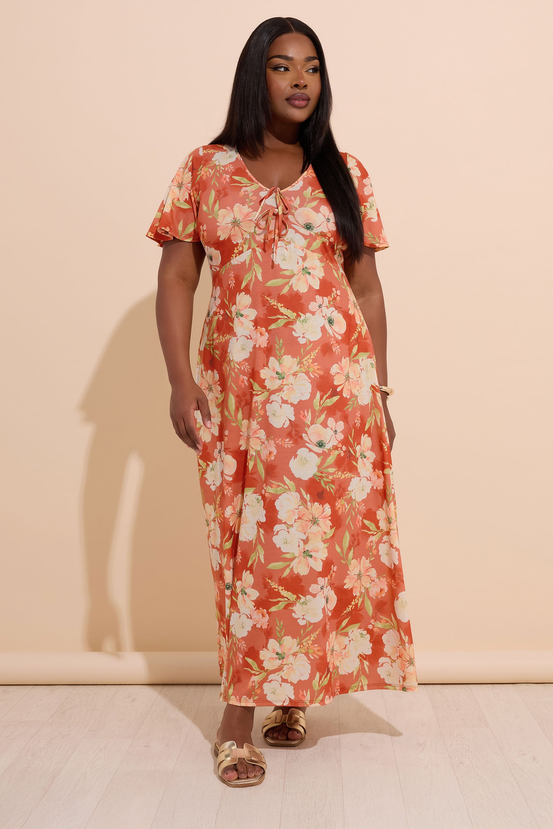 YOURS Plus Size Rust Brown Floral Bow Front Maxi Dress | Yours Clothing 3