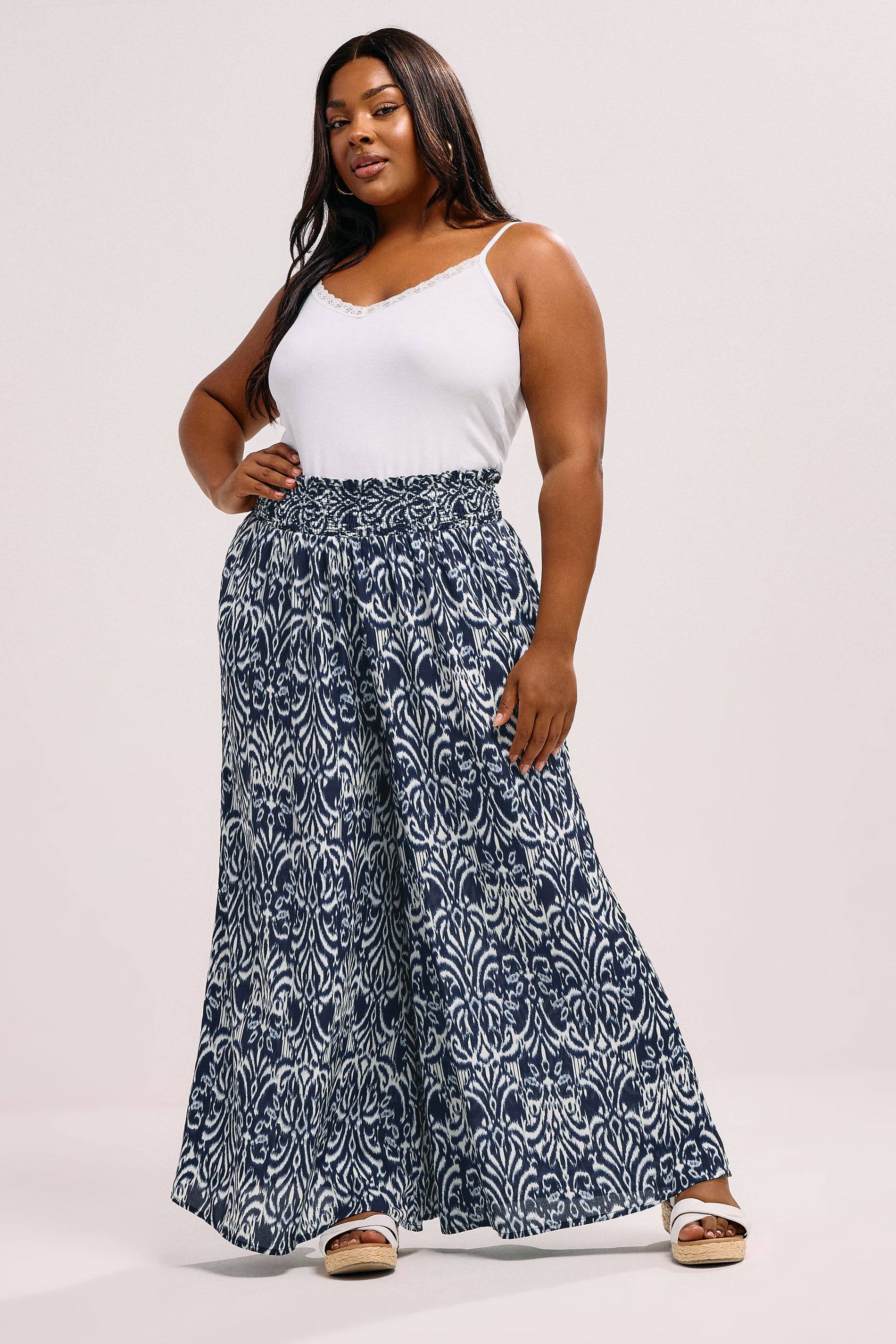 YOURS Plus Size Blue Ikat Shirred Waist Trousers | Yours Clothing 1