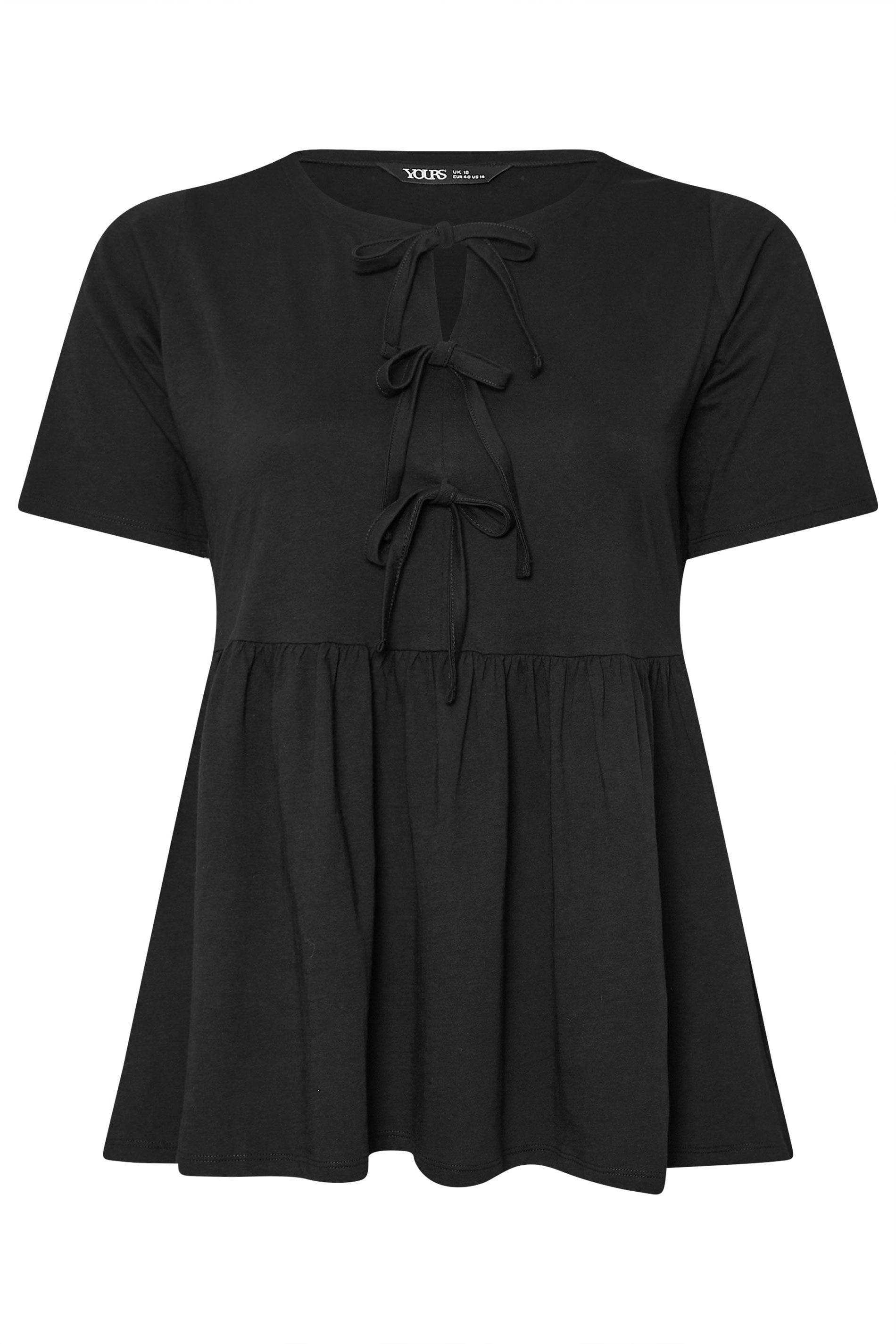 YOURS Plus Size Black Bow Tie Front Peplum Top | Yours Clothing 6