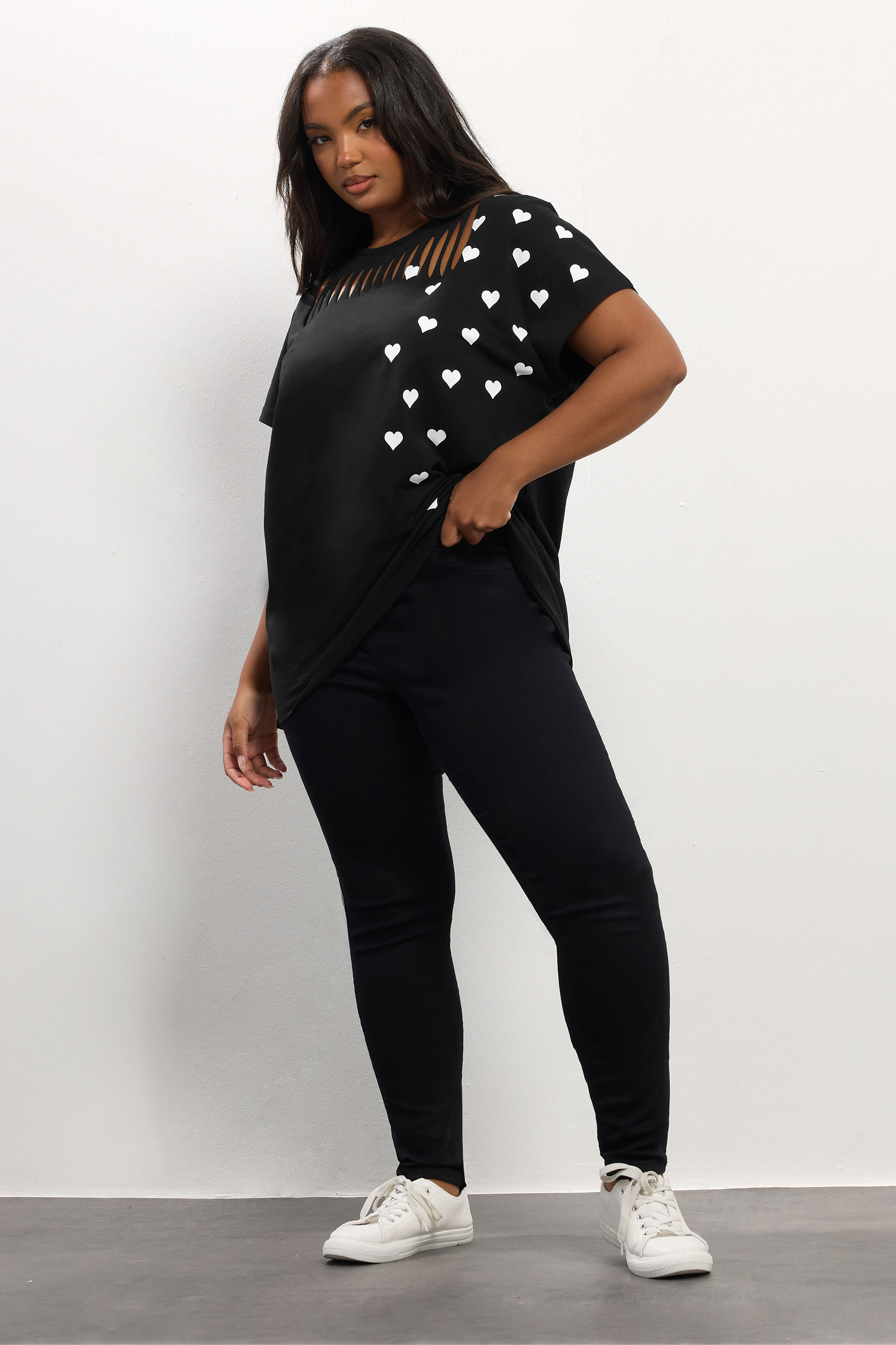 YOURS Plus Size Black Heart Print Slash Detail Top | Yours Clothing 1