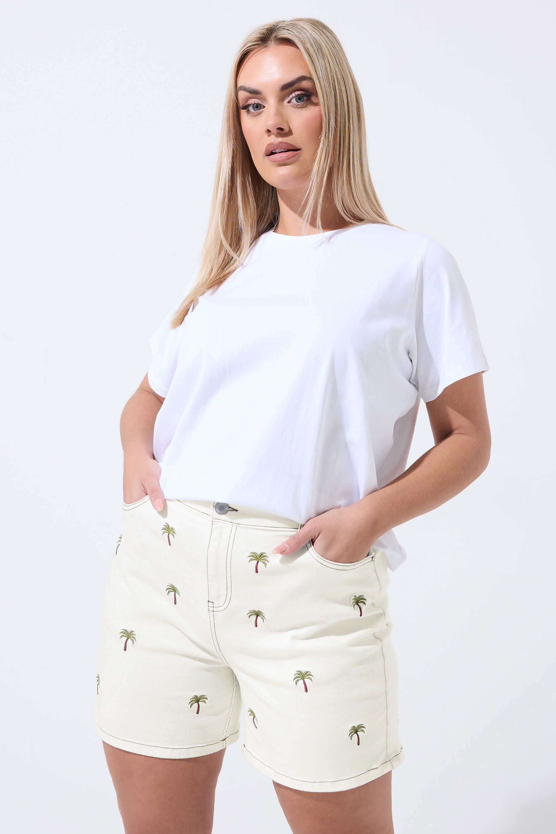 LIMITED COLLECTION Plus Size Natural Brown Palm Tree Embroidered Shorts | Yours Clothing 3