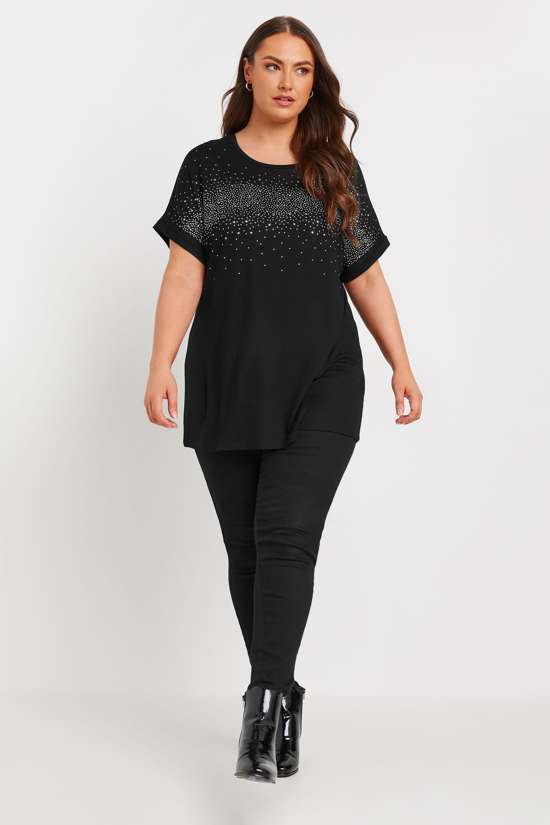YOURS Plus Size Black Diamante Detail T-Shirt | Yours Clothing 1