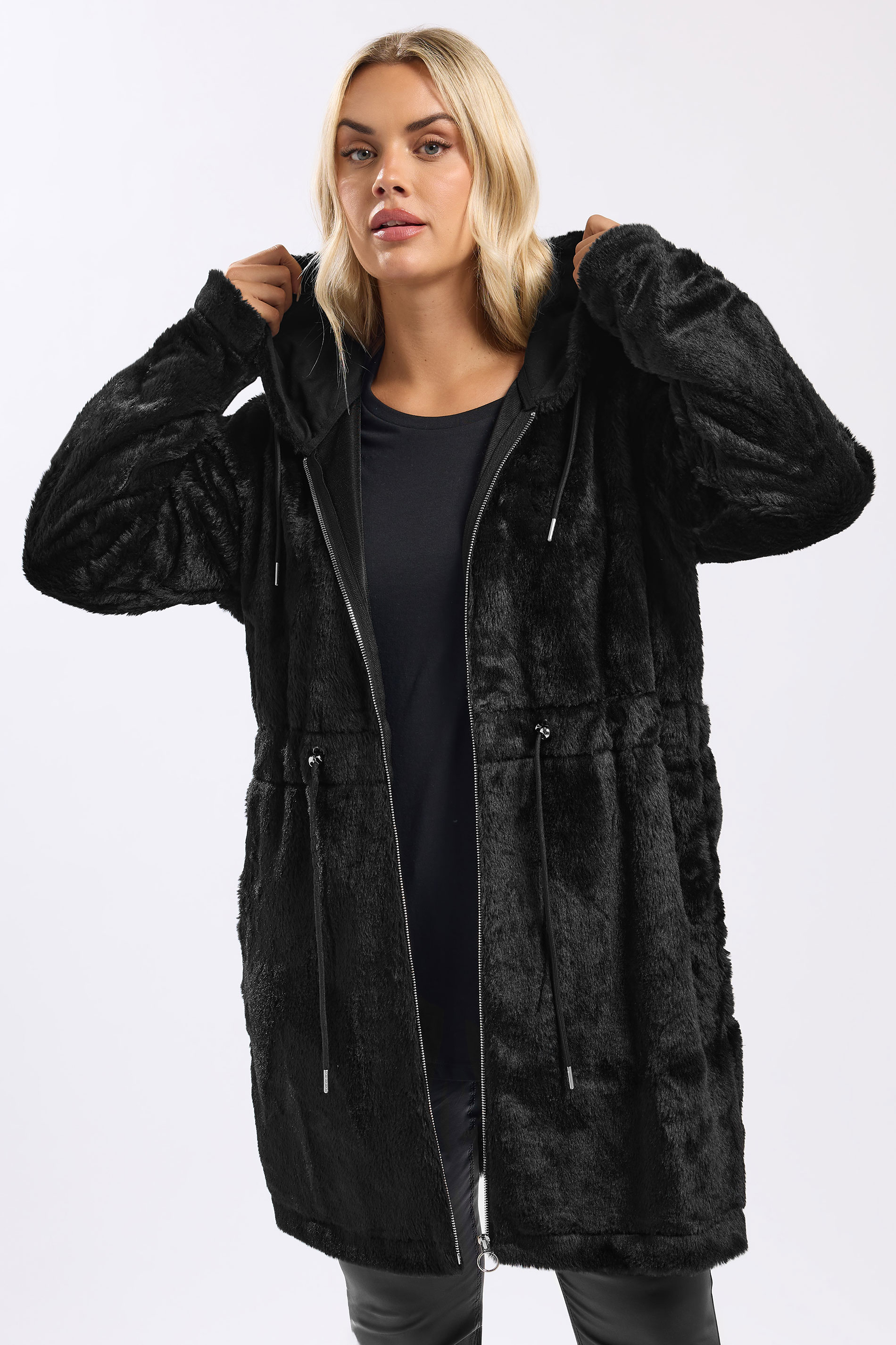 YOURS Plus Size Black Faux Fur Longline Zip Hoodie | Yours Clothing 3