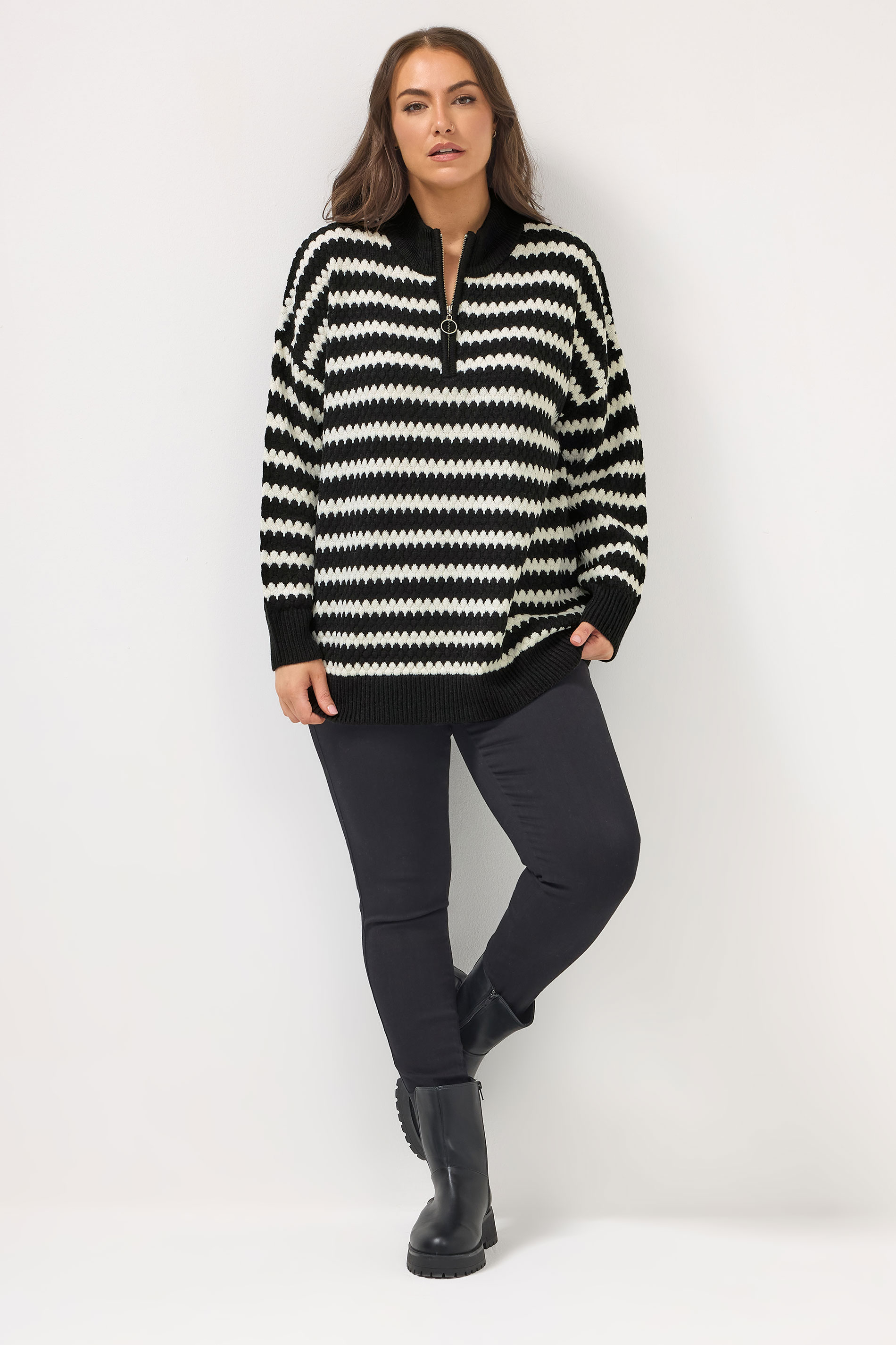 YOURS Plus Size Black Scallop Stripe Quarter Zip Jumper | Yours Clothing 2