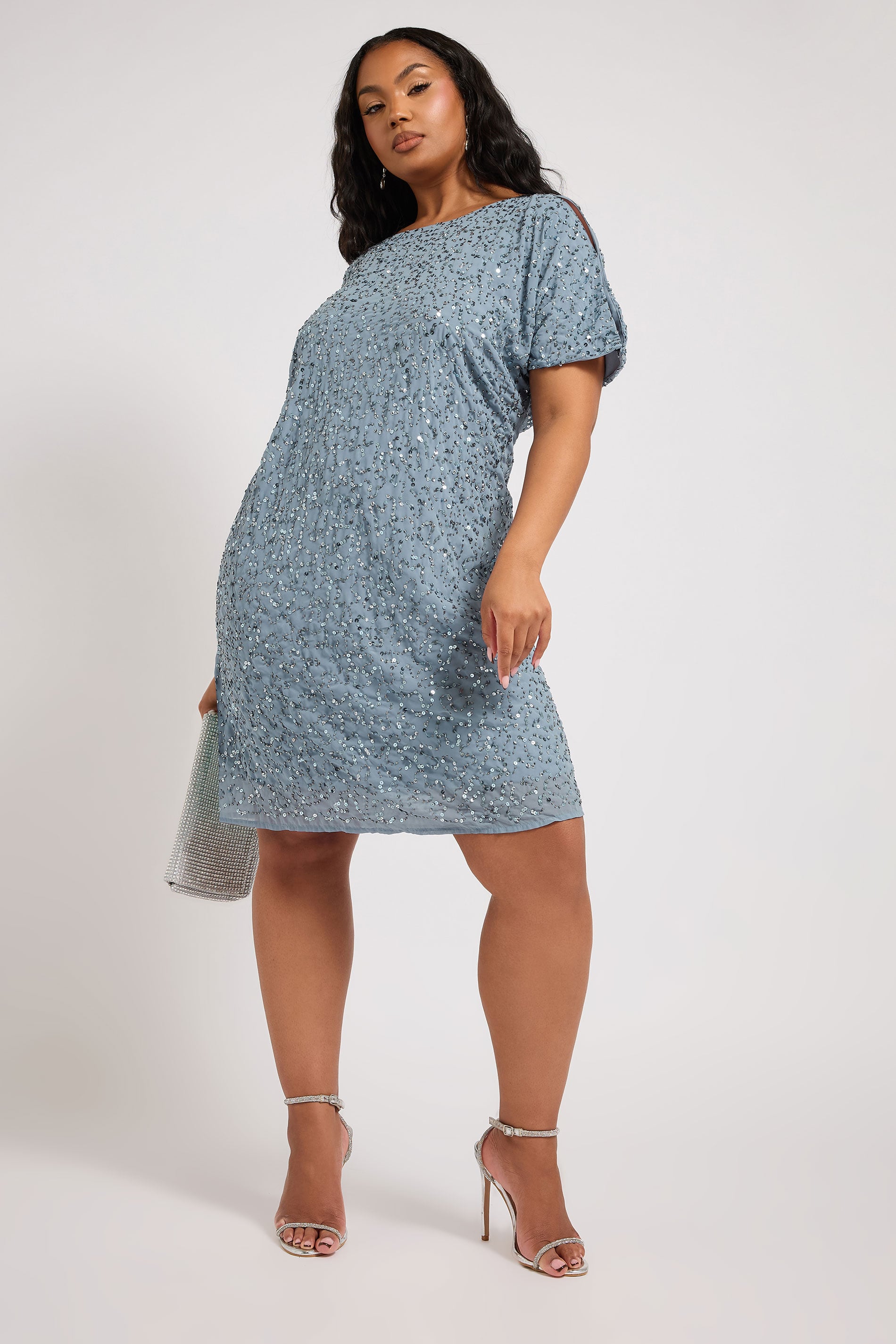 LUXE Plus Size Light Blue Sequin Hand Embellished Cape Dress | Yours Clothing 2